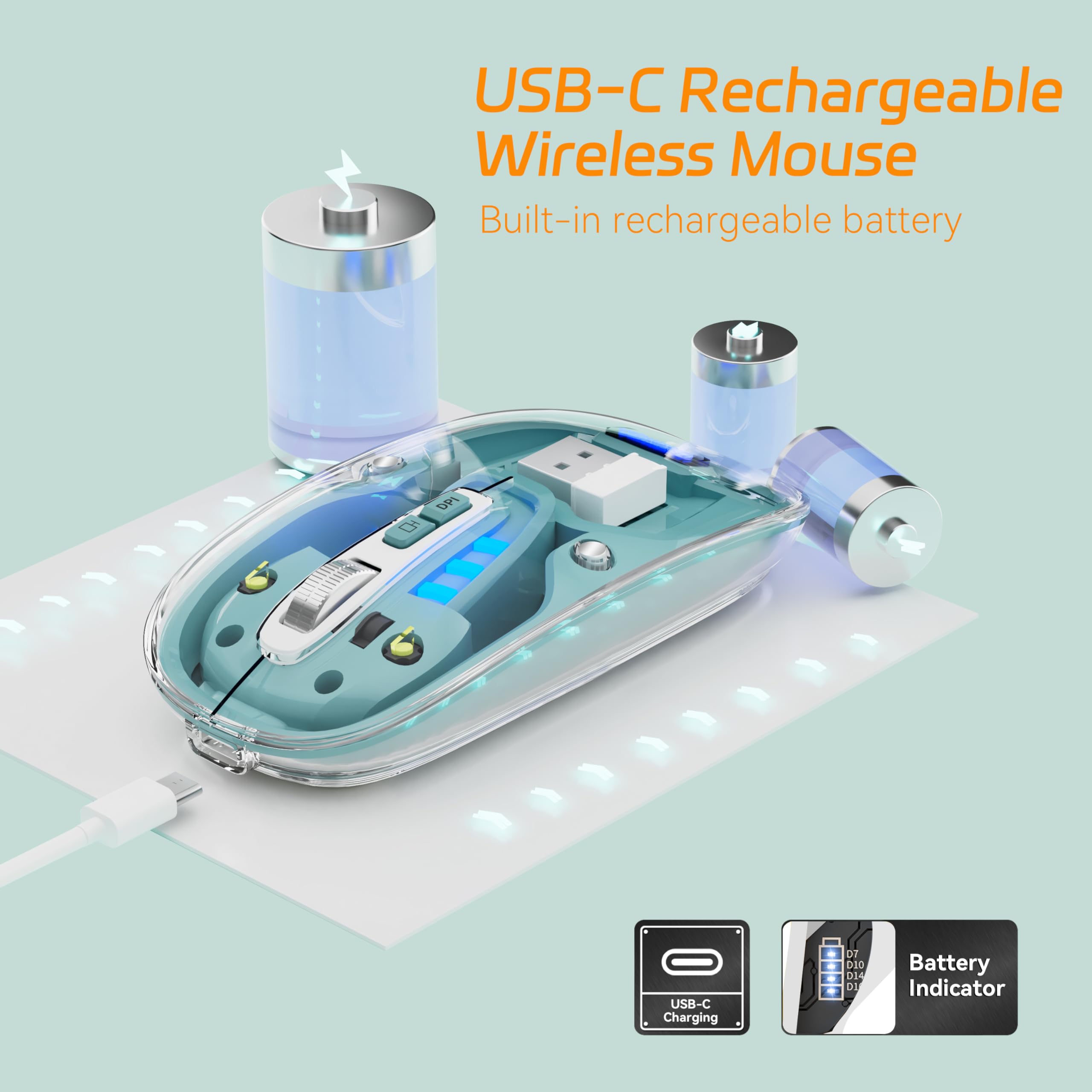 Uiosmuph Bluetooth Wireless Mouse Tri Mode (Bt5.1+Bt5.1+2.4Ghz) Usb C Rechargeable Transparent Computer Mouse Silent With Usb Re