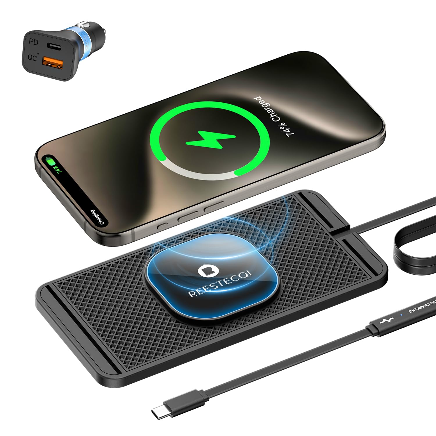 Magnetic Wireless Car Charger Pad, REESTECQI 15W Wireless Charging Pad for Magsafe Charger Wireless Charger for Car Non Slip Typ