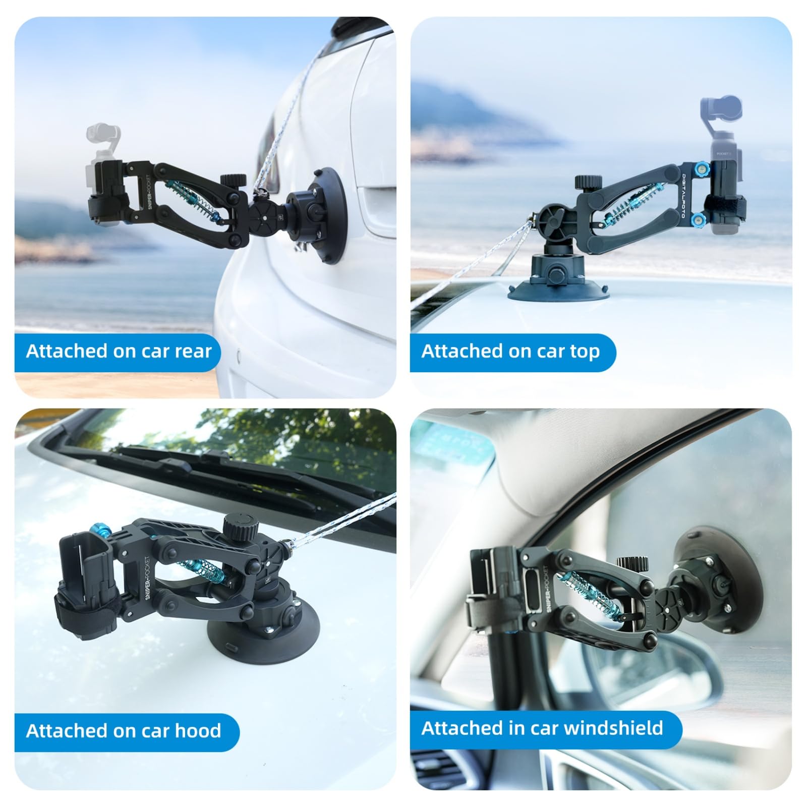 Suction Cup Mount For Osmo Pocket 3, Z Axis Car Damping Spring Arm With Safety Harness, Compatible With Dji Osmo Pocket/Insta360