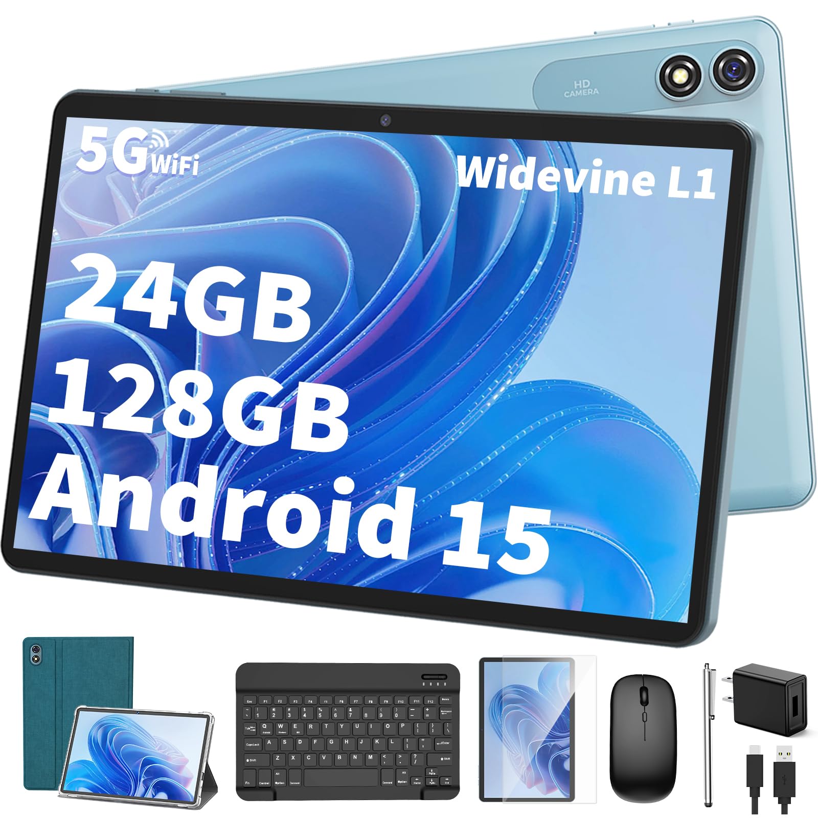 Android Tablet With Keyboard,10 Inch Android 15 Tablet, 24Gb Ram 128Gb Rom, 1Tb Expand, Octa Core, Widevine L1, 2.4G/5G Wifi, 80