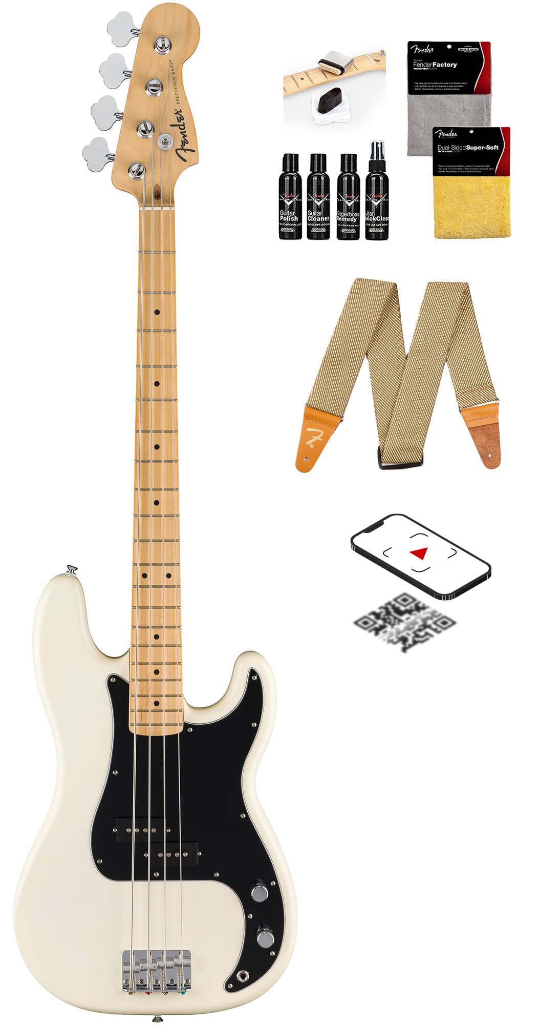 Fender Standard Precision Bass - Olympic White Bundle with Strap, Guitar Cleaning Kit, and Austin Bazaar Instructional Video