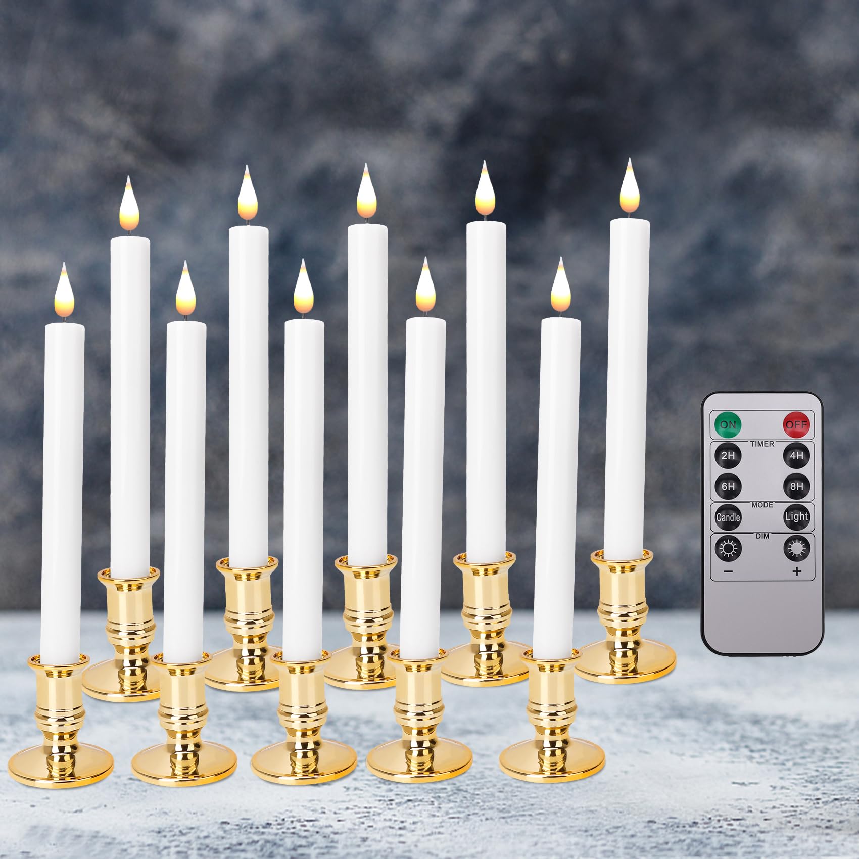 Poqcct Led Flameless Window Candles With Remote Timer 10 Pcs Battery Operated Flickering Taper Candle Lights With Removable Gold
