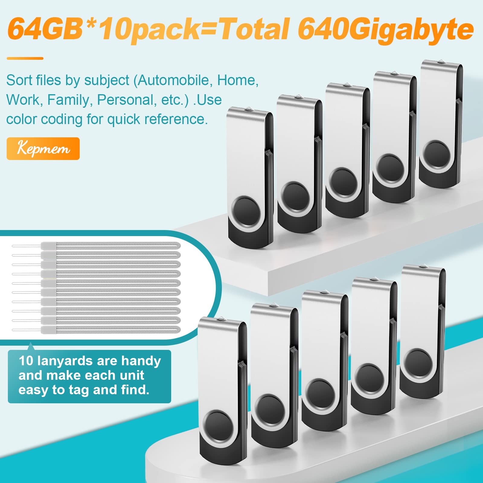 Thumb Drive 64Gb Flash Drives Bulk 10 Pack, Pen Drive 64 Gb Memory Sticks Usb 2.0 Metal Swivel Pen Drive, Kepmem Portable Jump Z