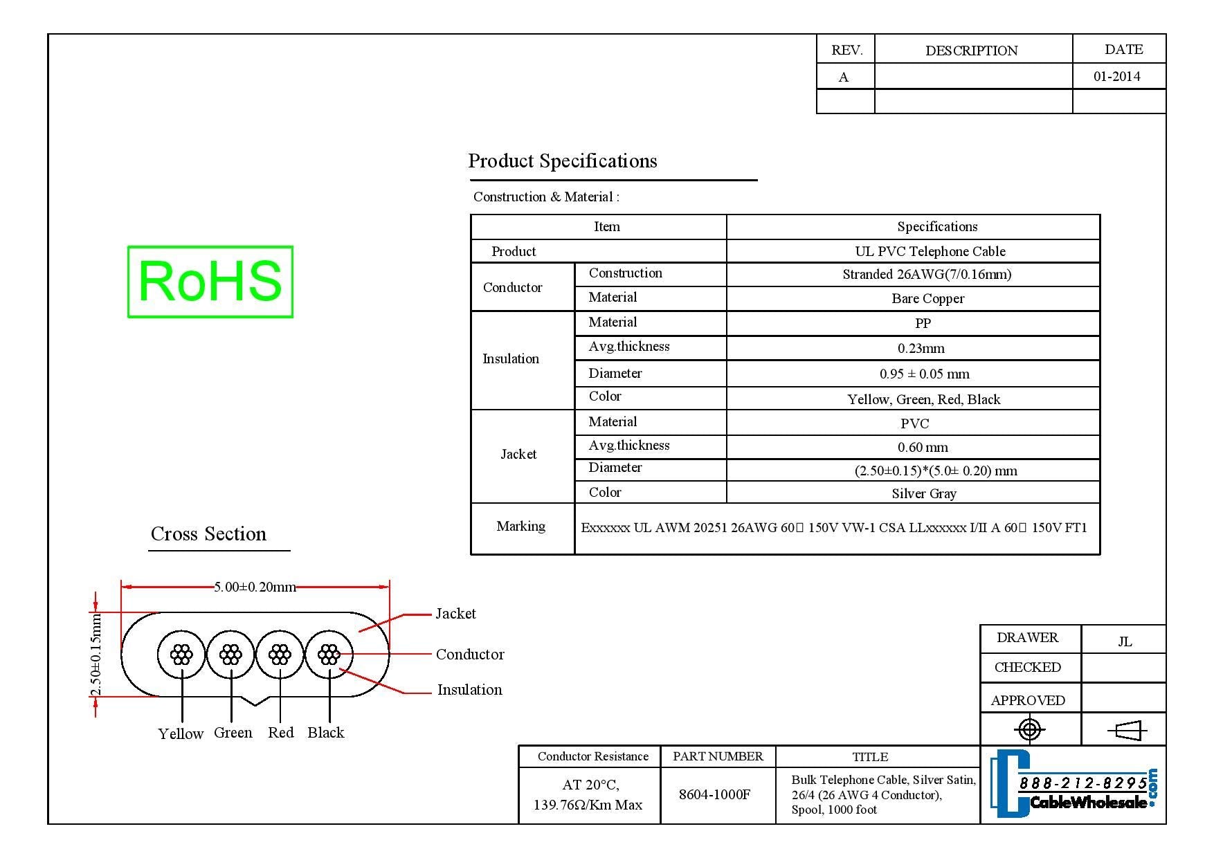 1000 Feet Bulk Flat Telephone Cord, Silver Satin, 26/4 (26 Awg 4 Conductor), Telephone Cable Spool, Bulk Telephone Wire, Cablewh
