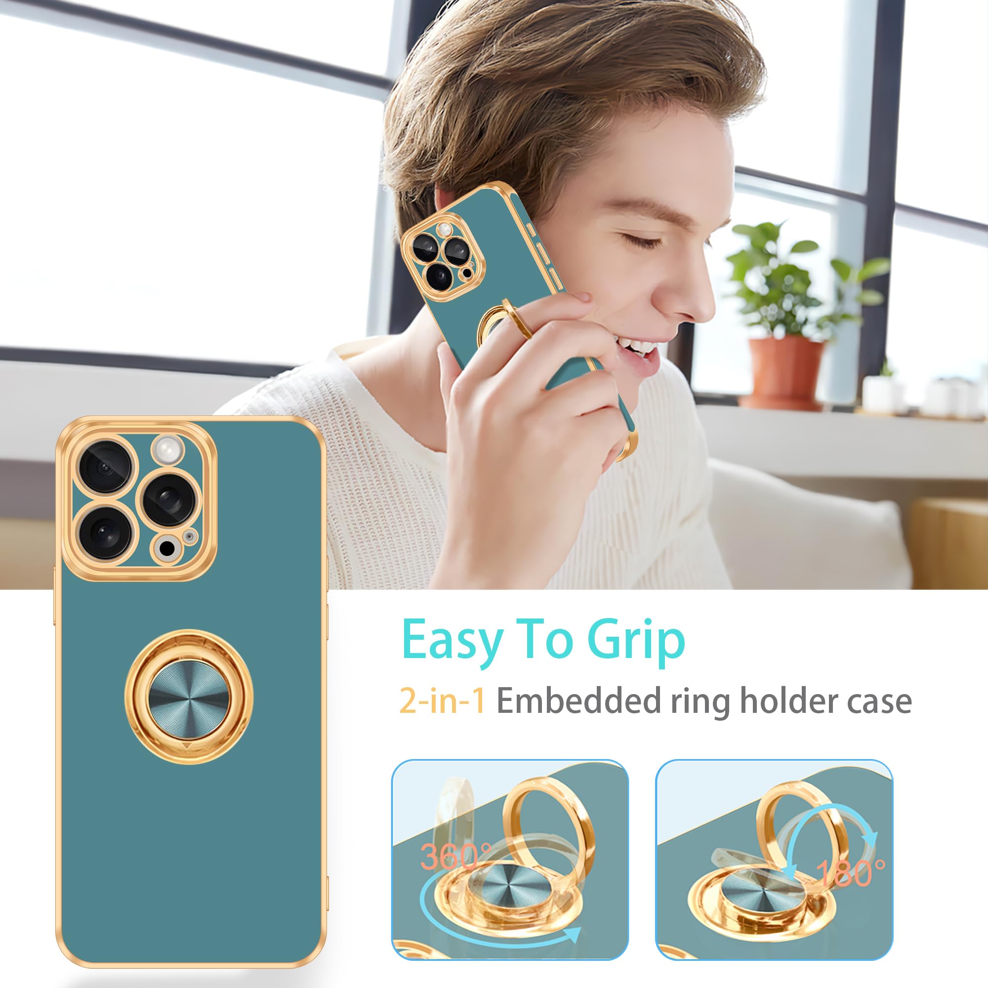 Fingic For Iphone 15 Pro Case[With 360Ring Holder Stand][Support Magnetic Car Mount ] Kickstand Phone Case For Women Girls Boys