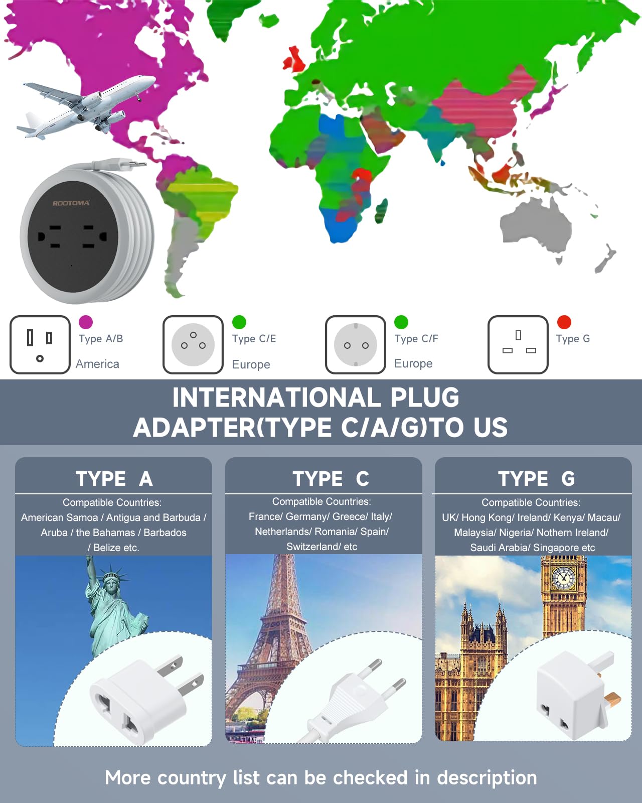 Italy Travel Plug Adapter, 3.6 Ft Winding Compact Mini Outlet Converter With Usb For Eu/Uk/Jpn, Travel Plug Adapter Worldwide Wi