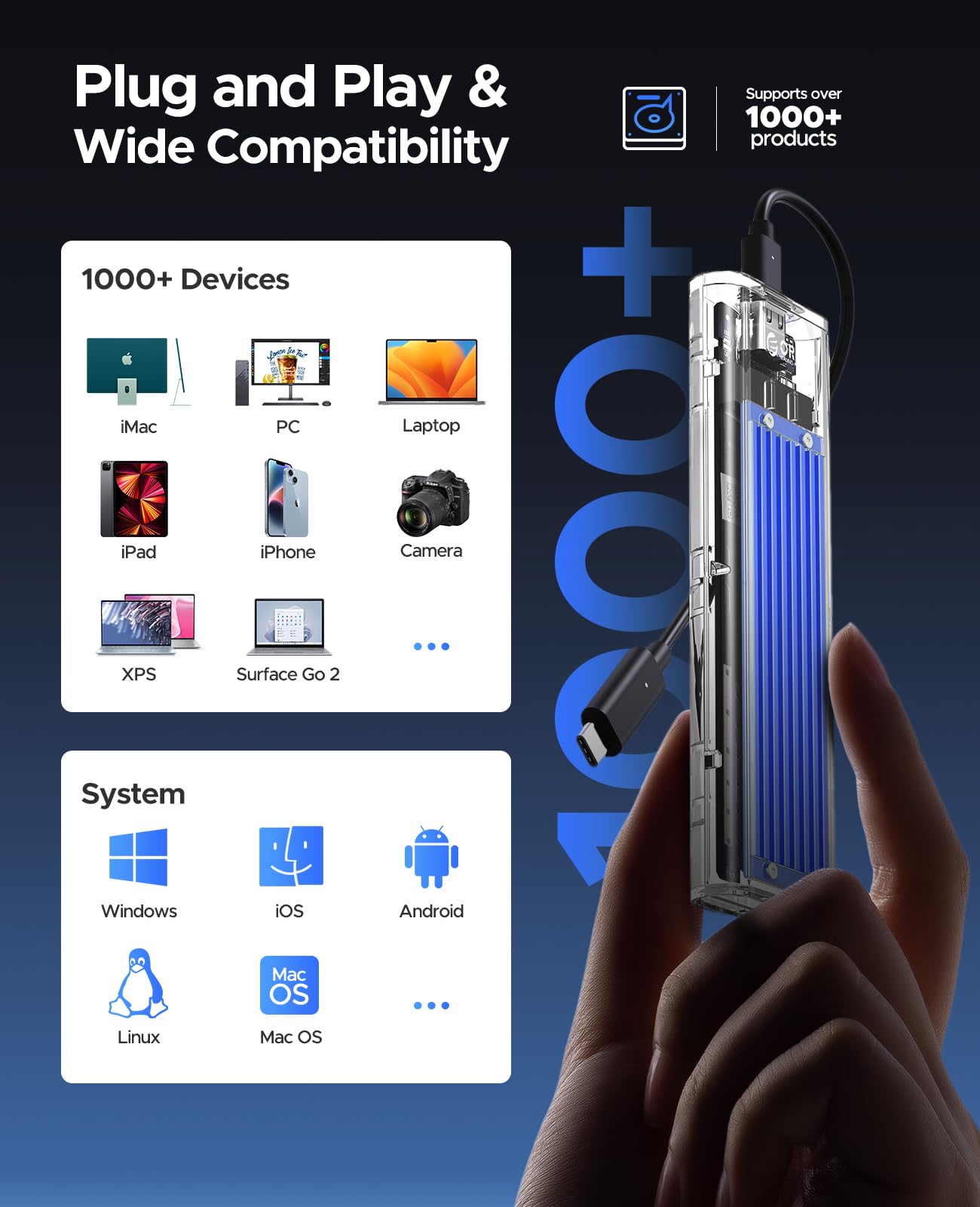 ORICO M.2 NVMe SSD Enclosure, USB 3.2 Gen 2 (10 Gbps), Transparent External Solid State Drive Adapter Enclosure for 2280 2260 2242 2230 PCI E M2 M Key SSD, USB Type C Converter Case TCM2 Blue