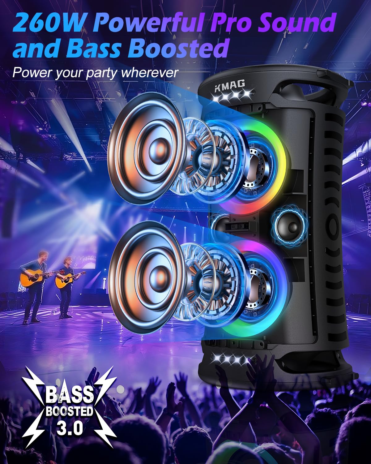 Large Bluetooth Speaker, 260W Peak Powerful Loud Sound With Deep Bass, Portable Outdoor Speaker Wireless, 15Hr Playtime, Fast Ch