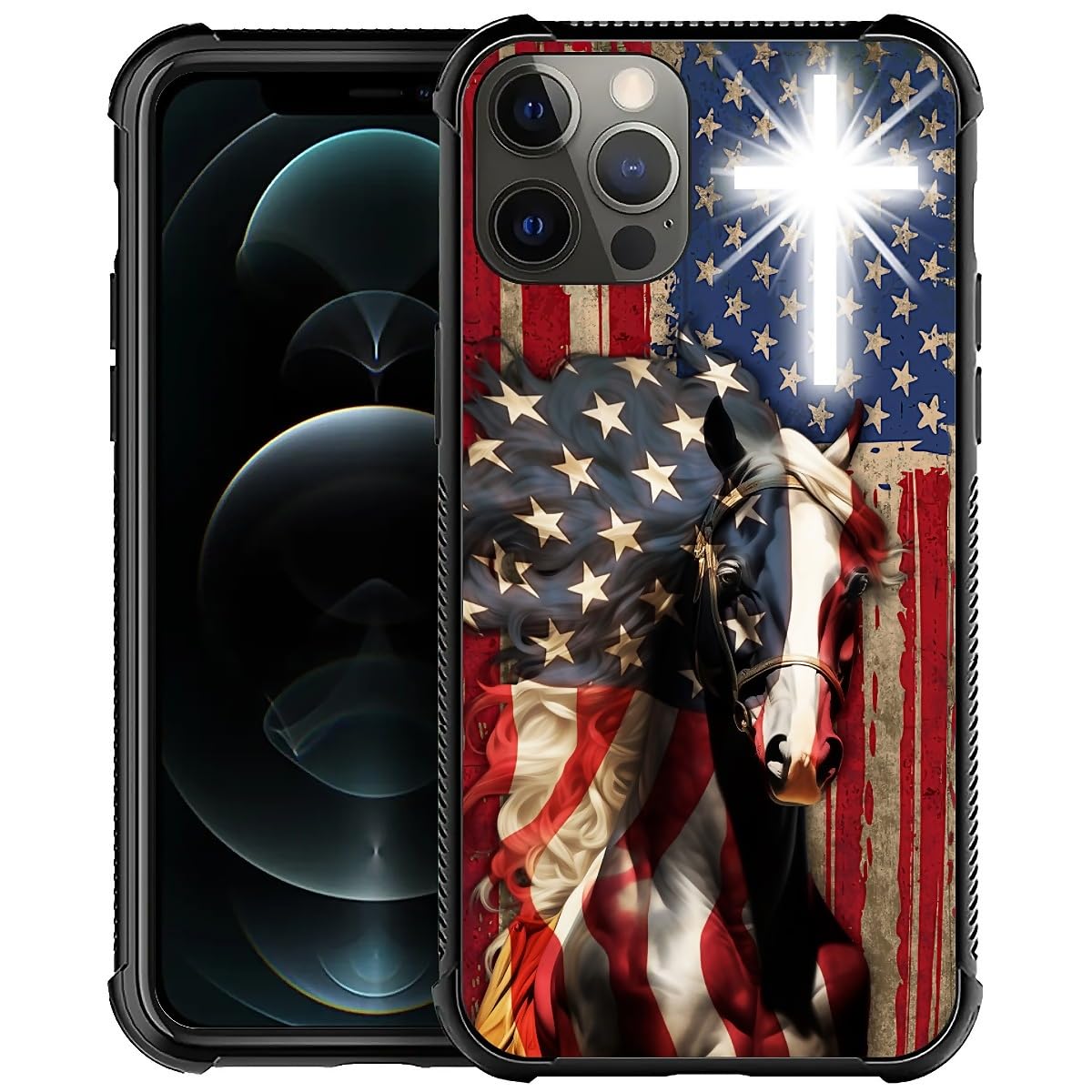 Fkbrcl4U For Iphone 11 Pro Case, Red American Flag Horse Cross Pattern Made Of Soft Silicone Hard Acrylic Shock Protection For I