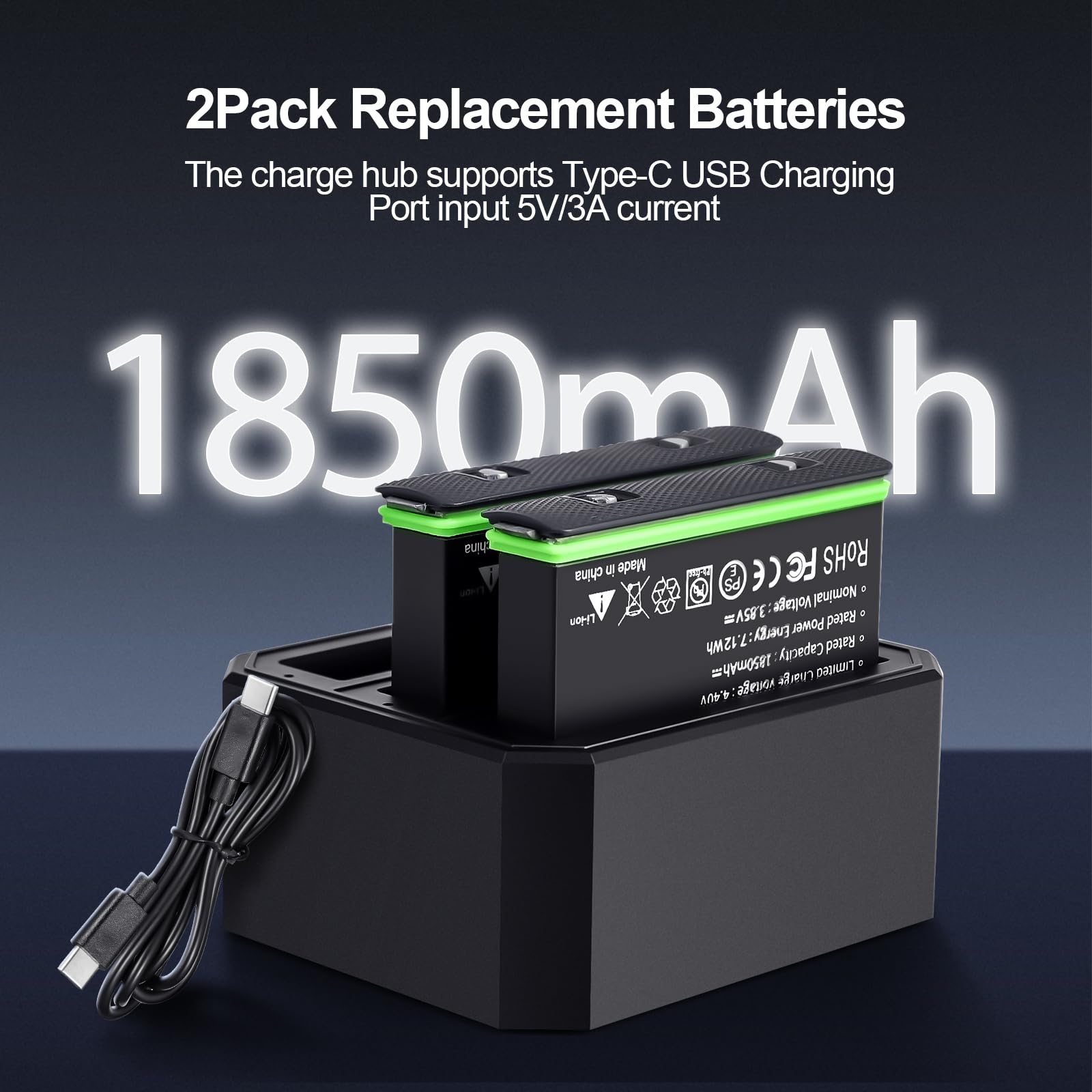 2 Packs Replacement 360 X3 Batteries & 3 Channel Charger Hub, Compatible With Insta360 X3, 1850Mah Battery For Insta360 X3 Acces