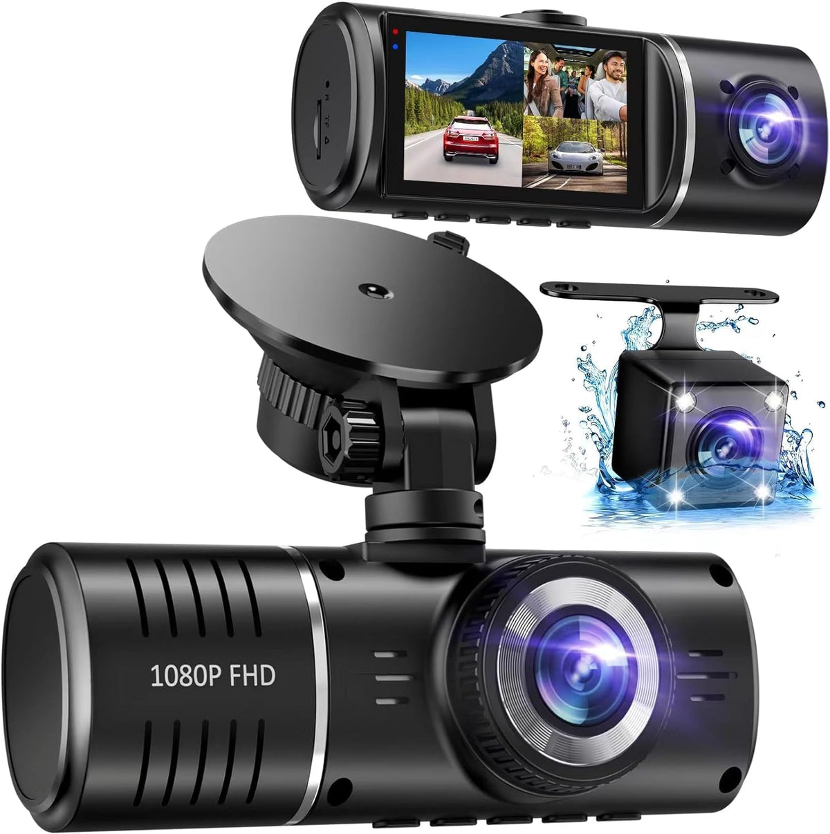 Dash Cam, 3 Channel Dash Cam, 1080P Dash Cam Front And Inside, Triple Dash Cam, Dash Camera With 32Gb Card, Hdr, G-Sensor, 24Hr 