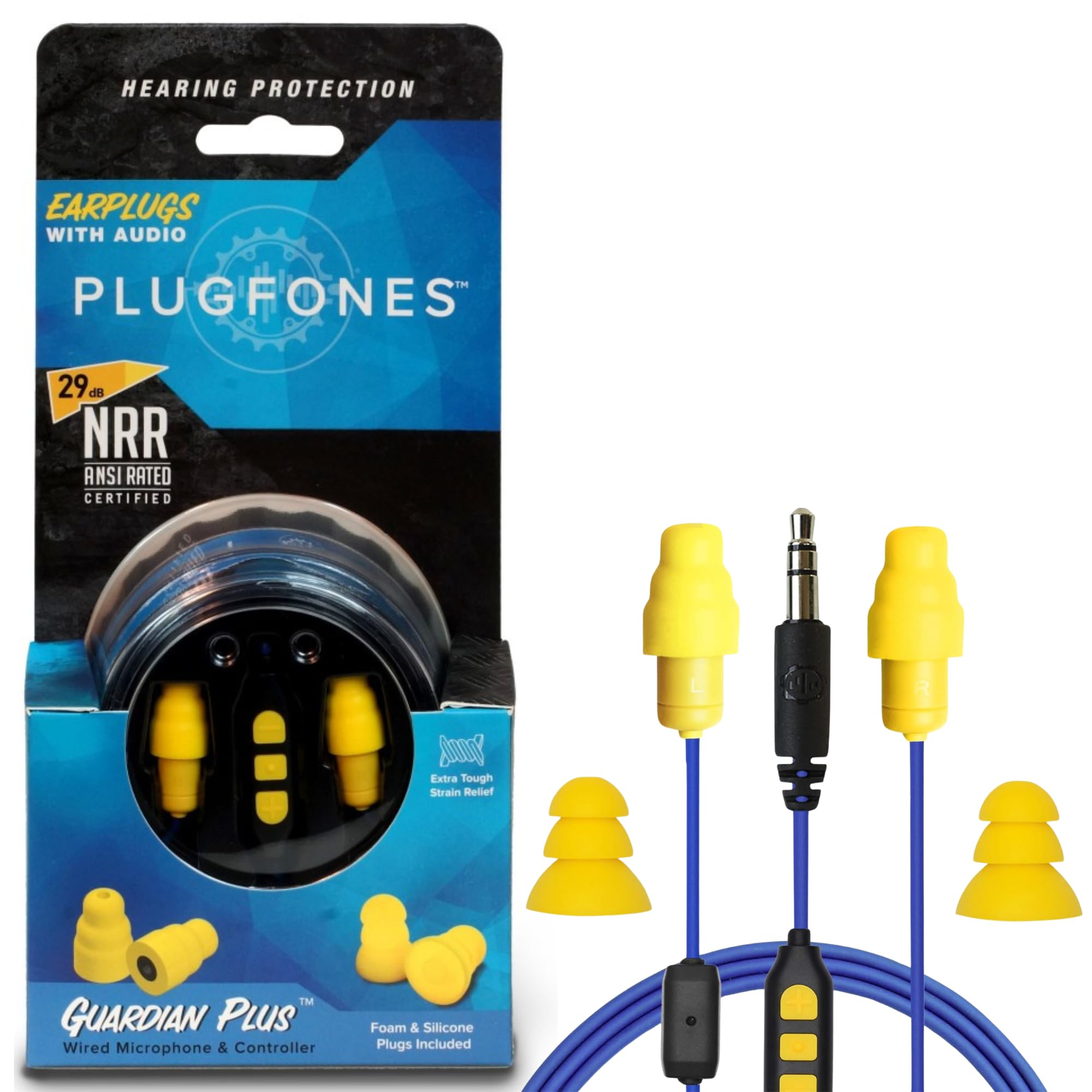 Plugfones Guardian Plus, Earplugs With Audio, 26 Db Nrr, Noise Isolating Mic And Controls