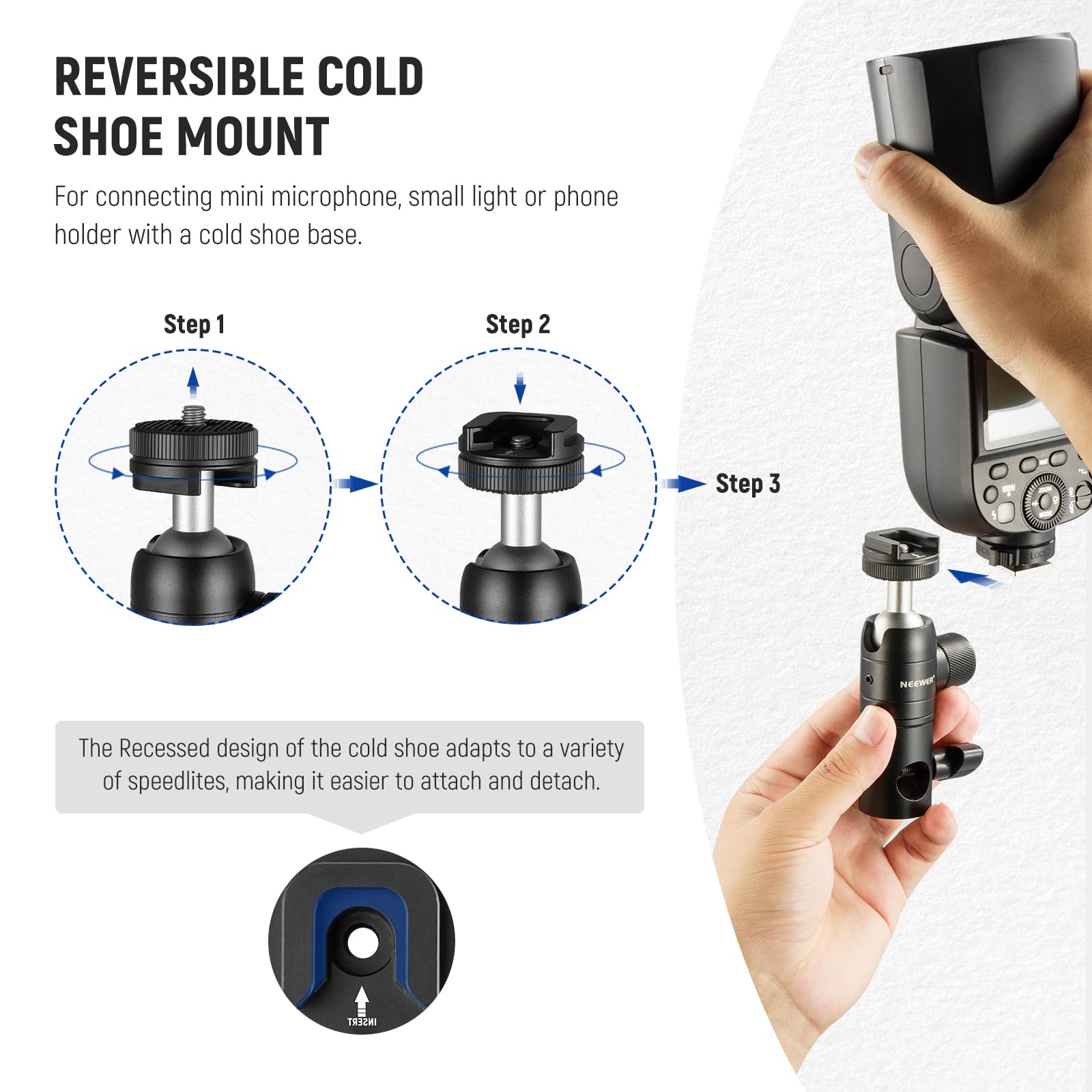 Neewer Light Stand Mount Adapter With Cold Shoe And 1/4    Screw Mini Ball Head, Reversible Mounting Plate For Camera Monitor Ri