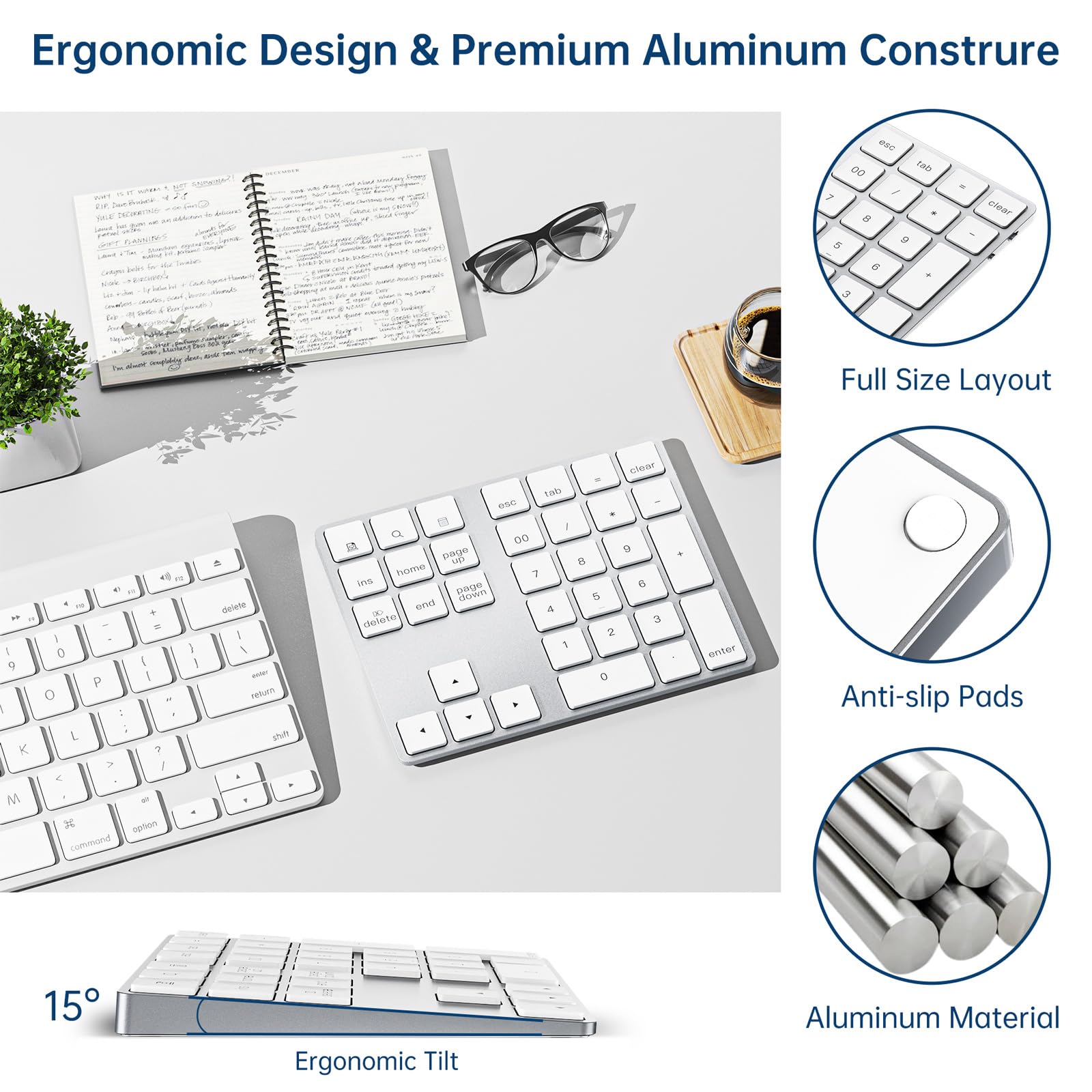 Horime Bluetooth Number Pad, Rechargeable Wireless Numeric Keypad Slim 34 Keys Aluminum Number Keypad External Data Entry Compat