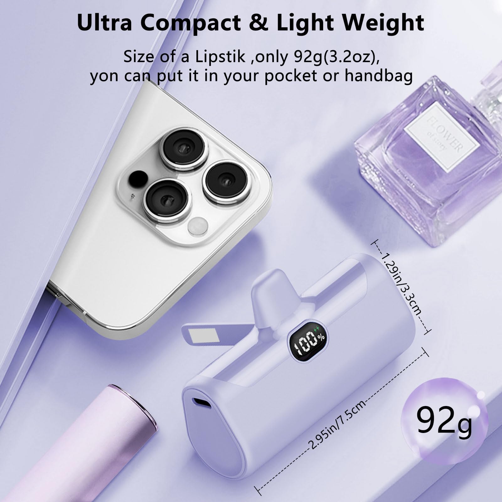 Luckyduo Mini Portable Charger For Iphone,5000Mah Ultra Compact Small Power Bank Built-In Phone Holder And Led Light,Lcd Display