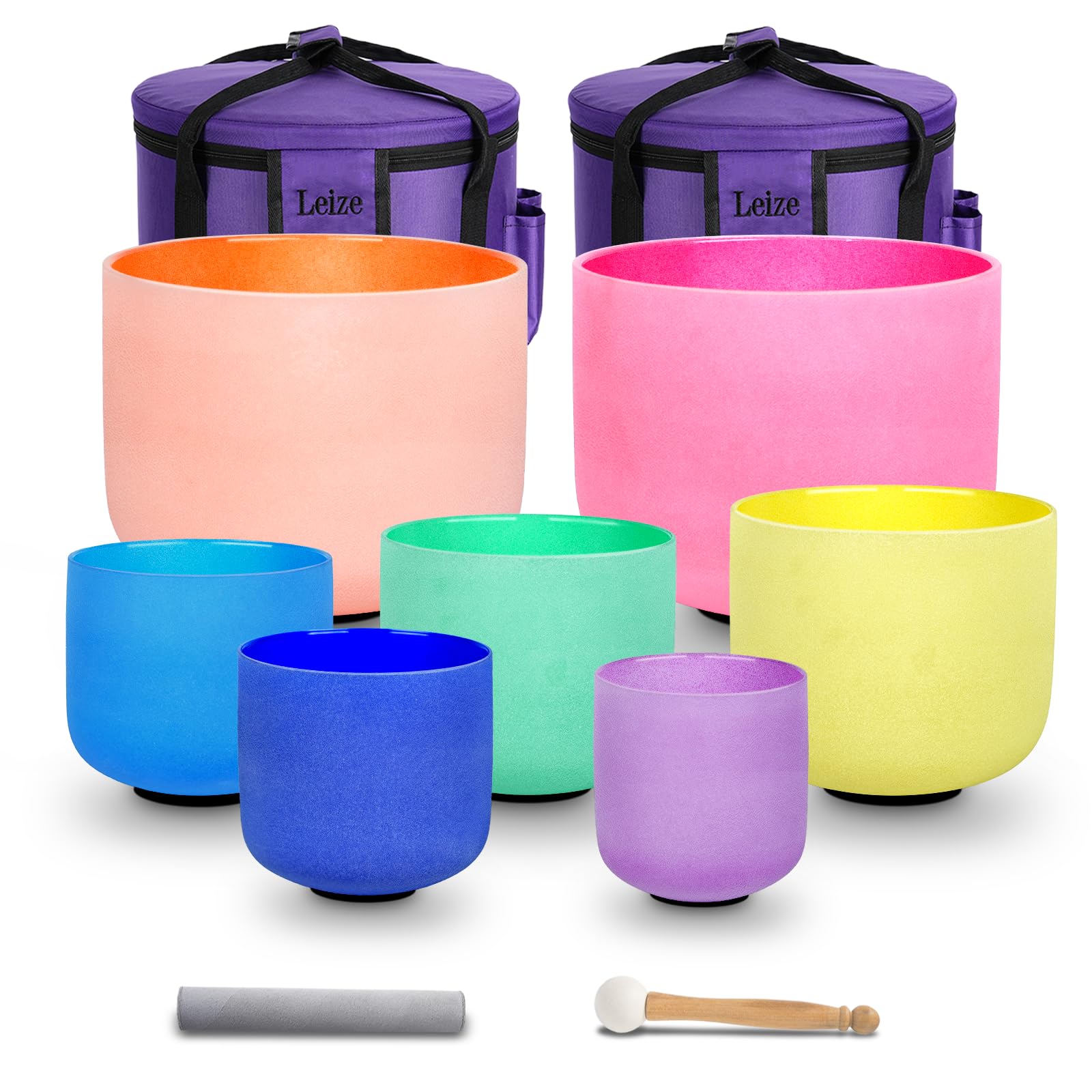 Leize Chakra Tuned 432hz Set of 7 Color Quartz Crystal Singing Bowls 6-12 inch with Heavy Duty Carrying Cases and Singing Bowl M