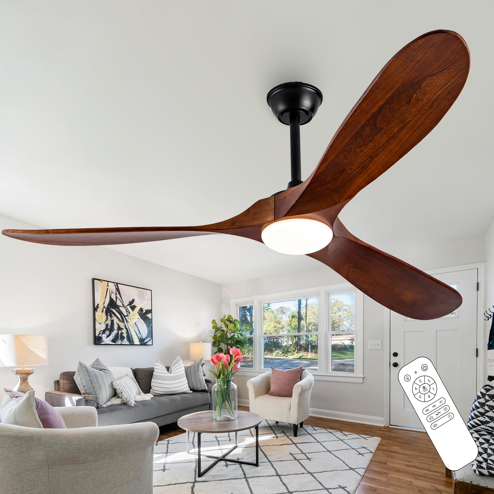 Ceversa 60 Inch Solid Wood Ceiling Fan with Light and Remote Control,3 Blades Modern Natural Wooden Ceiling Fan Quiet DC Motor C