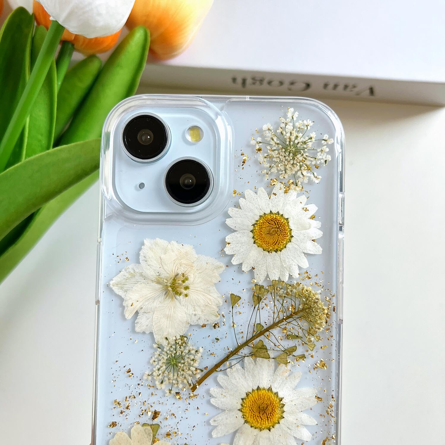 Lseeka For Iphone 14 Plus/Iphone 15 Plus Clear Case With Pressed Real Flowers Design,Glitter Cute White Floral Pattern Slim Soft