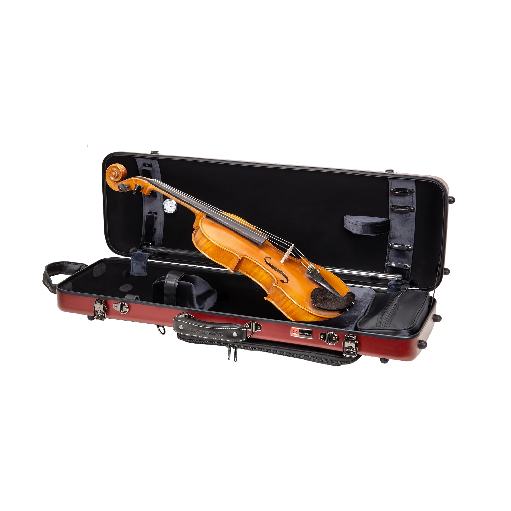 Crossrock Poly Carbon Oblong Violin Case for 4/4 Full-Size | Matte Red Finish, Hygrometer, Music Pouch, Accessory Storage - Ligh