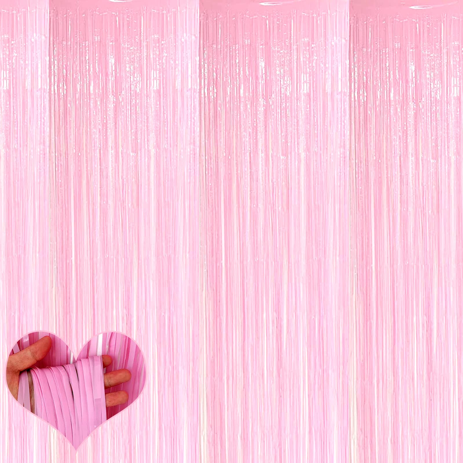 4 Pack Fringe Curtain Backdrop, 3.2Ft X 9.8Ft Pink Metallic Tinsel Foil Fringe Streamers Background For Photo Booth Birthday Wed