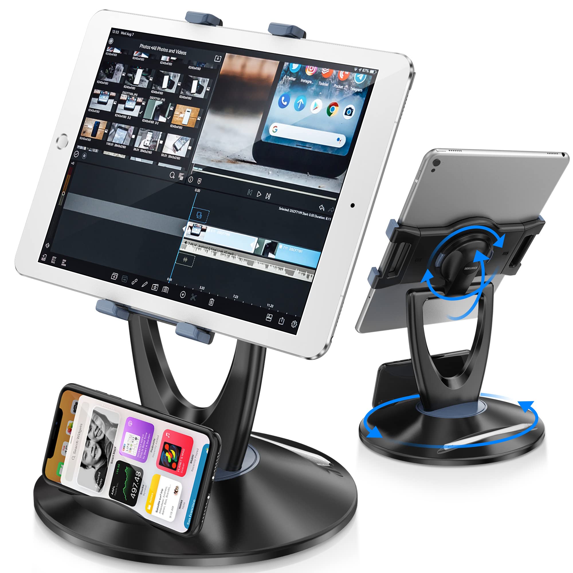 Desklogics Ipad Tablet Stand Holder For Desk   6 Inch To 13 Inch   Stable, Adjustable   360 Swivel Angle Pen Phone Ipad Stand Fo