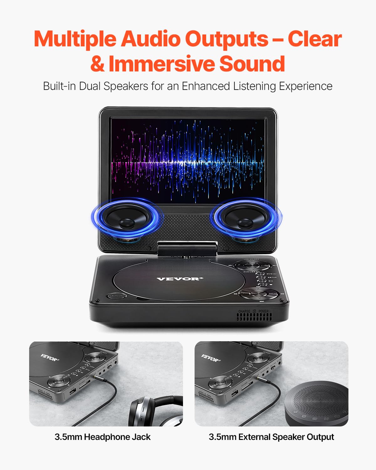 Vevor Portable Dvd Player, 7 Inch Hd Swivel Display Screen, 4 Hours Built-In Rechargeable Battery, Dual Speakers, Support Sync T