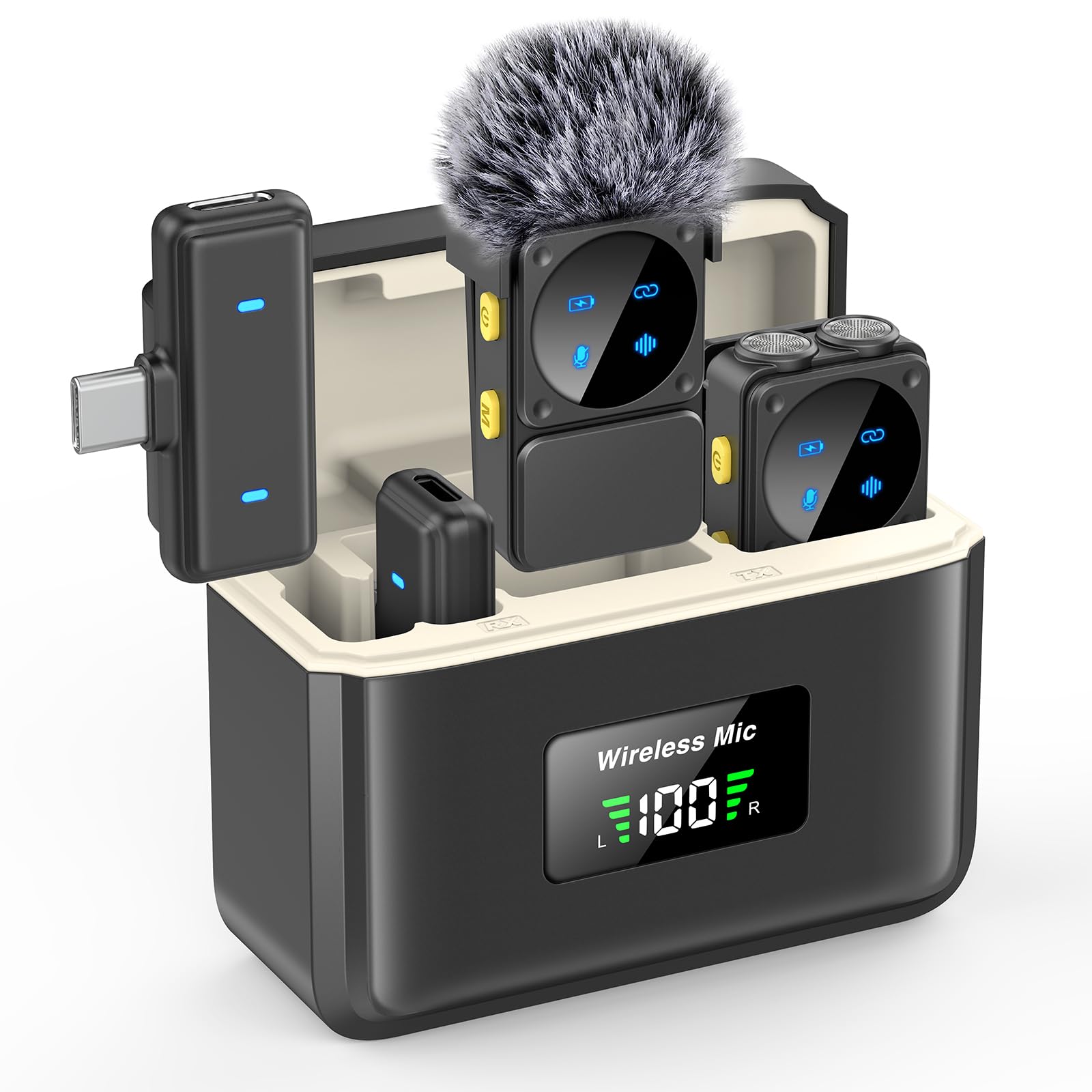 Mini Wireless Lavalier Microphone for iPhone iPad Android with Lightning/USB-C Plug, 80H Work Time Noise Reduction Lapel Mic for