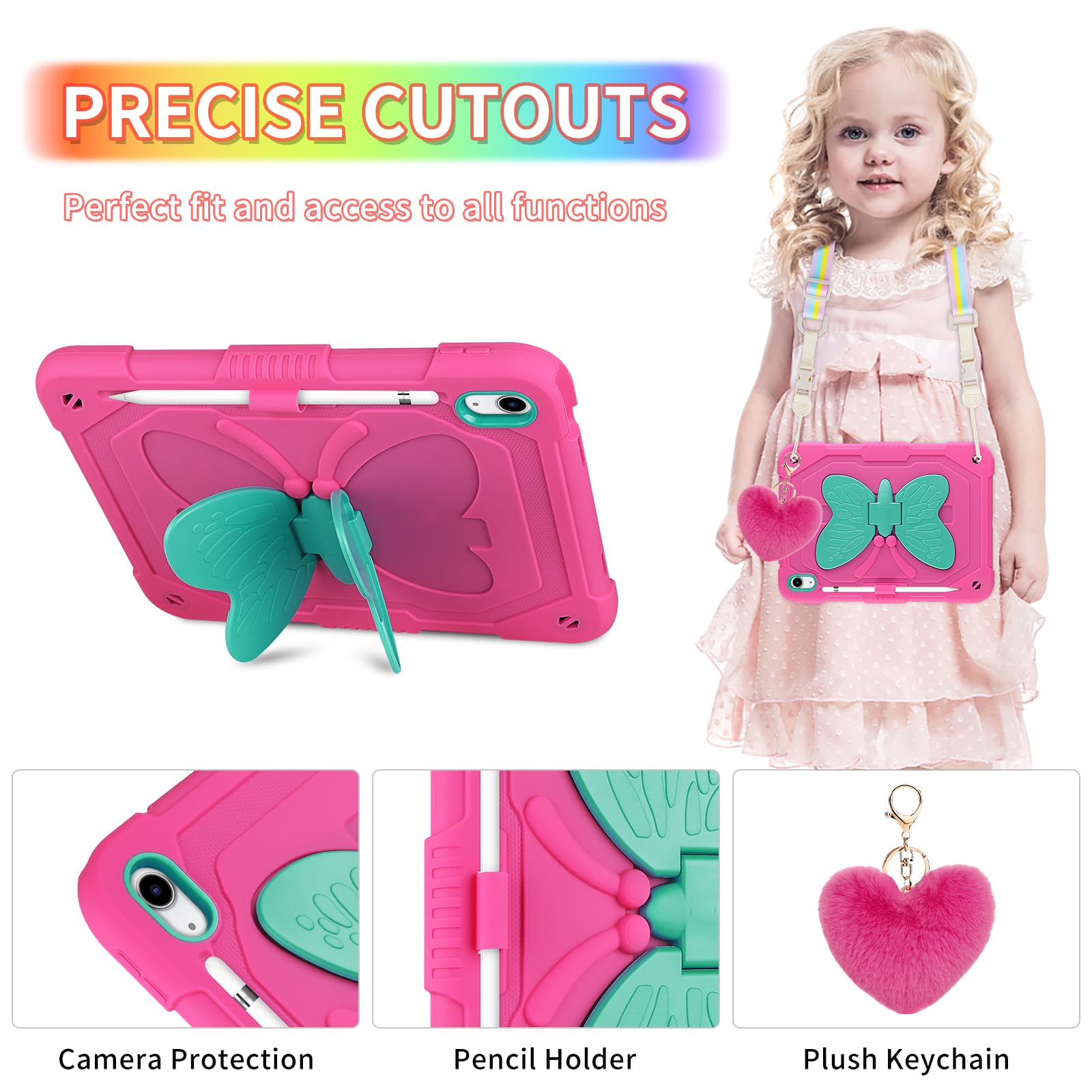 Wesadn For Ipad 10Th Generation Case 2022 For Kids Girls With Screen Protector/Butterfly Kickstand/Lanyard/Keychain/Pencil Holde