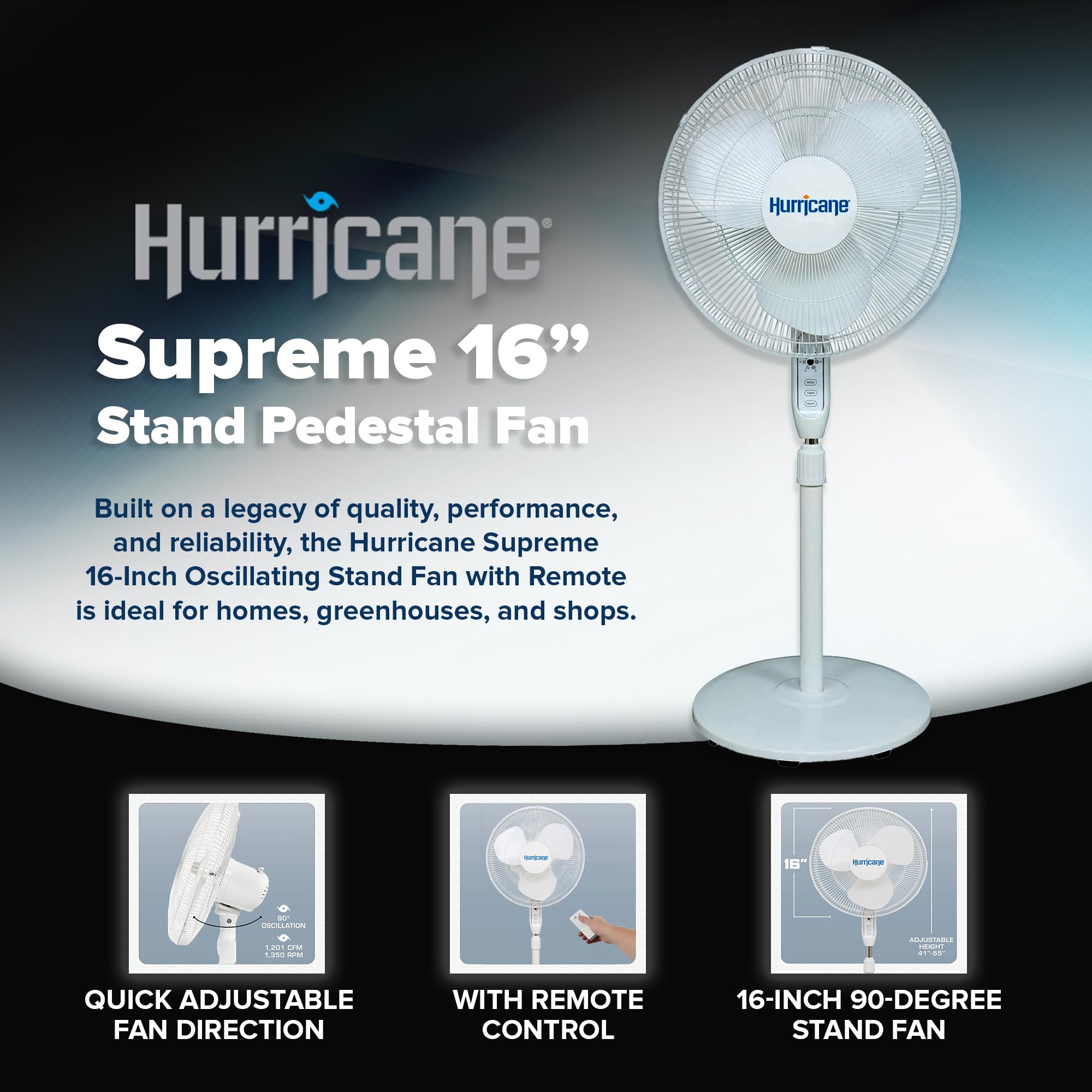 Hurricane 16'' Supreme Oscillating Stand Fan With Remote   3 Speed, Quiet, Powerful, Adjustable Height, Durable Design For Home,