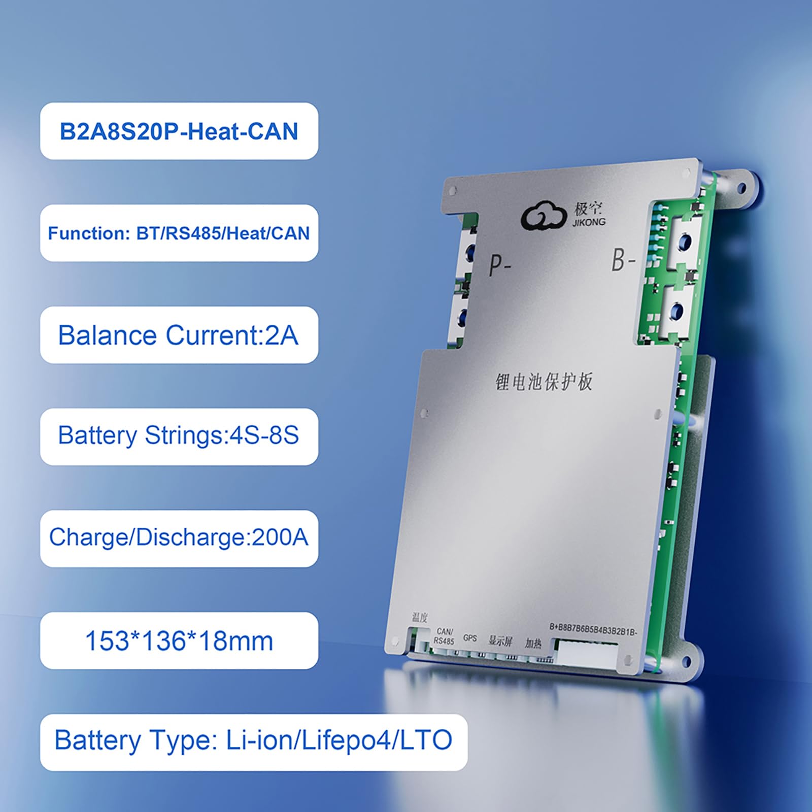 Jkbms Smart Bms With Heat Can Rs485 4S 8S 12V 24V 200A 2A Active Balance Bms With Bluetooth Battery Protection Board For Lifepo4