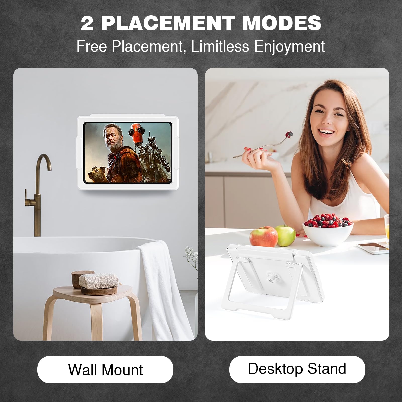 MoKo Shower Tablet Holder, Stretchable Waterproof iPad Holder Fit All Devices Up to 11', 360� Rotation Tablet Wall Mount Holder with Anti Fog Touchable Screen, 2 Placement Modes, for Bathroom Kitchen