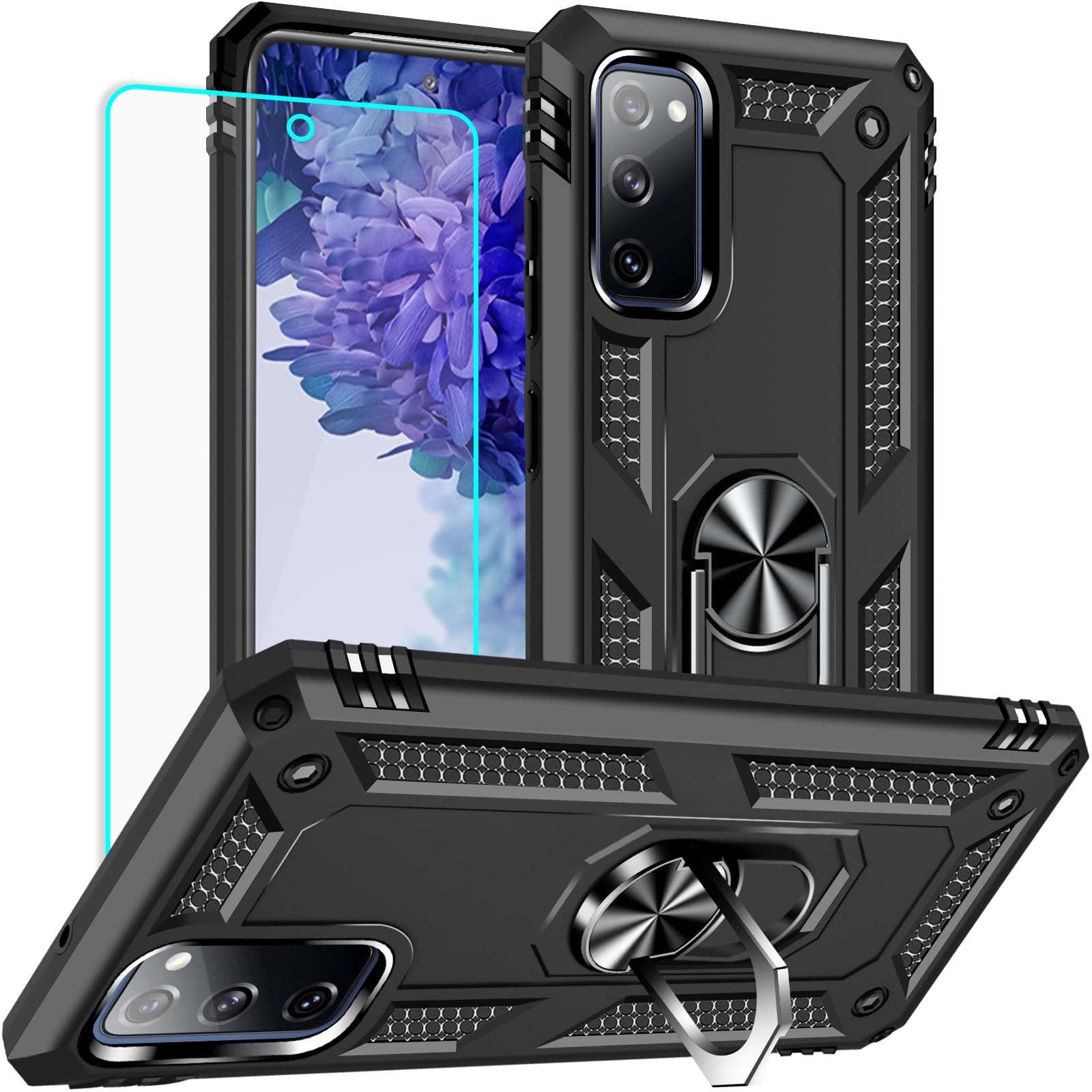Yiakeng for Samsung Galaxy S20 FE Case, Military Grade Protective Case with Ring, Kickstand, Built-in Metal Magnetic Sheet, Blac