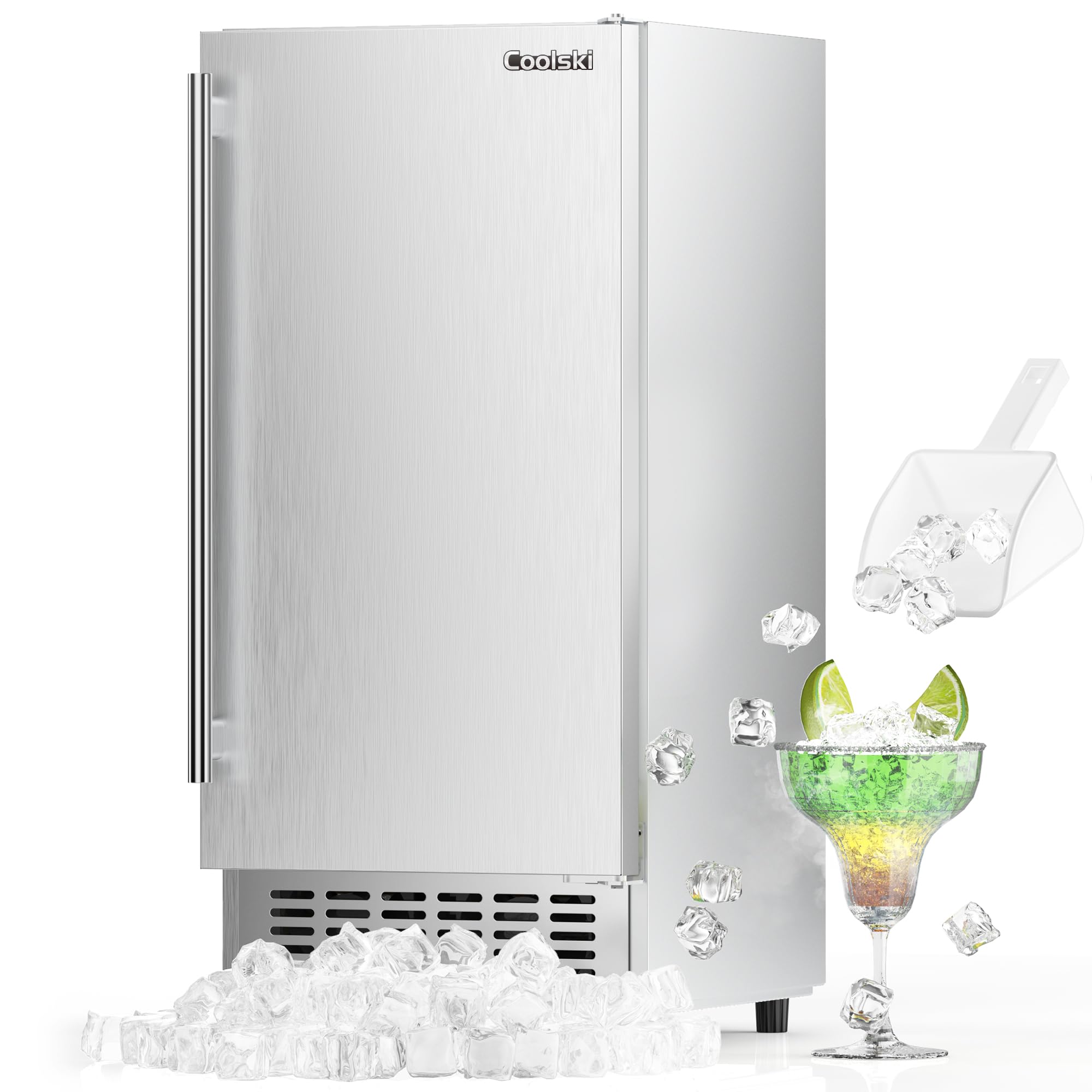 Coolski Under Counter Ice Maker Machine, Stainless Steel Built-in Freestanding Ice Maker for Commercial & Home Use, 80 Lbs/Day, 