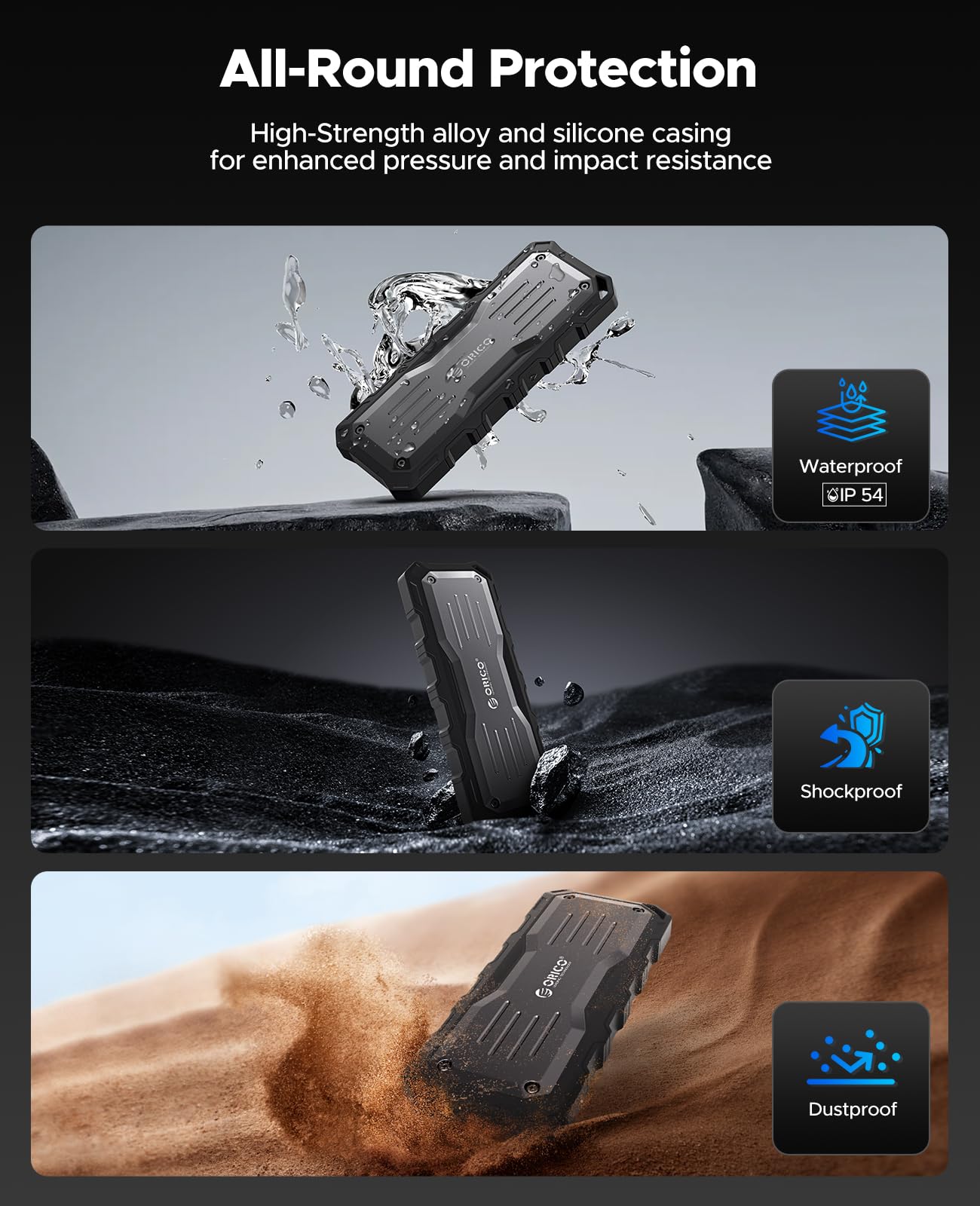 ORICO 1TB External SSD Up to 2000MB/s, Interface Extra Protection, Waterproof and Dust Proof, Rugged and Reliable Outdoor Portable Solid State Drives for Action Camera, Smartphone, Laptop   O20