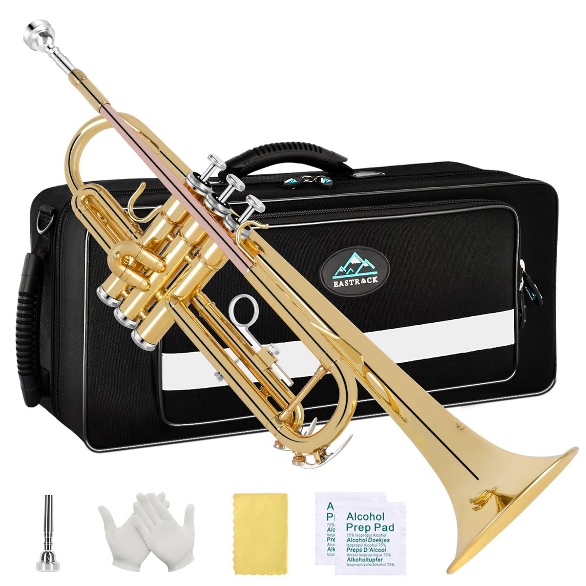 Eastrock Bb Trumpet Standard Trumpet Set With Carrying Case,Gloves, 7C Mouthpiece, Cleaning Kit, Tuning Rod (Gold/Phosphor Coppe
