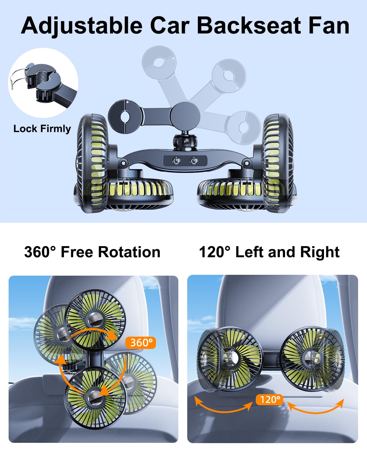 Nauttxon Battery Fan For Car Backseat, 360Rotatable Car Fans For Backseat For Kids, [Comes With Car Charger&Usb C Cable] 3 Speed