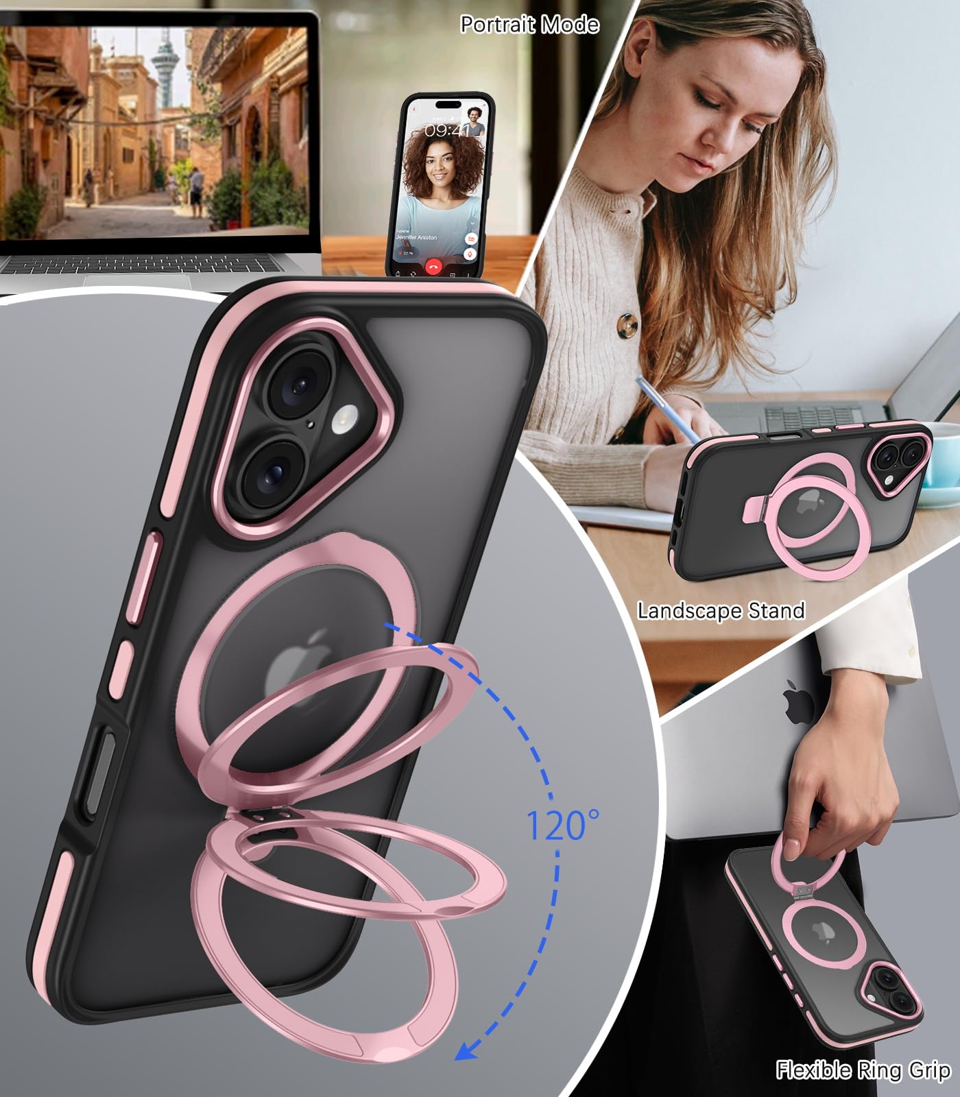 Veningo Iphone 16 Case, Magnetic Slim Fit Magsafe Translucent Matte Car Mount Supported With Foldable Ring Holder Kickstand Shoc