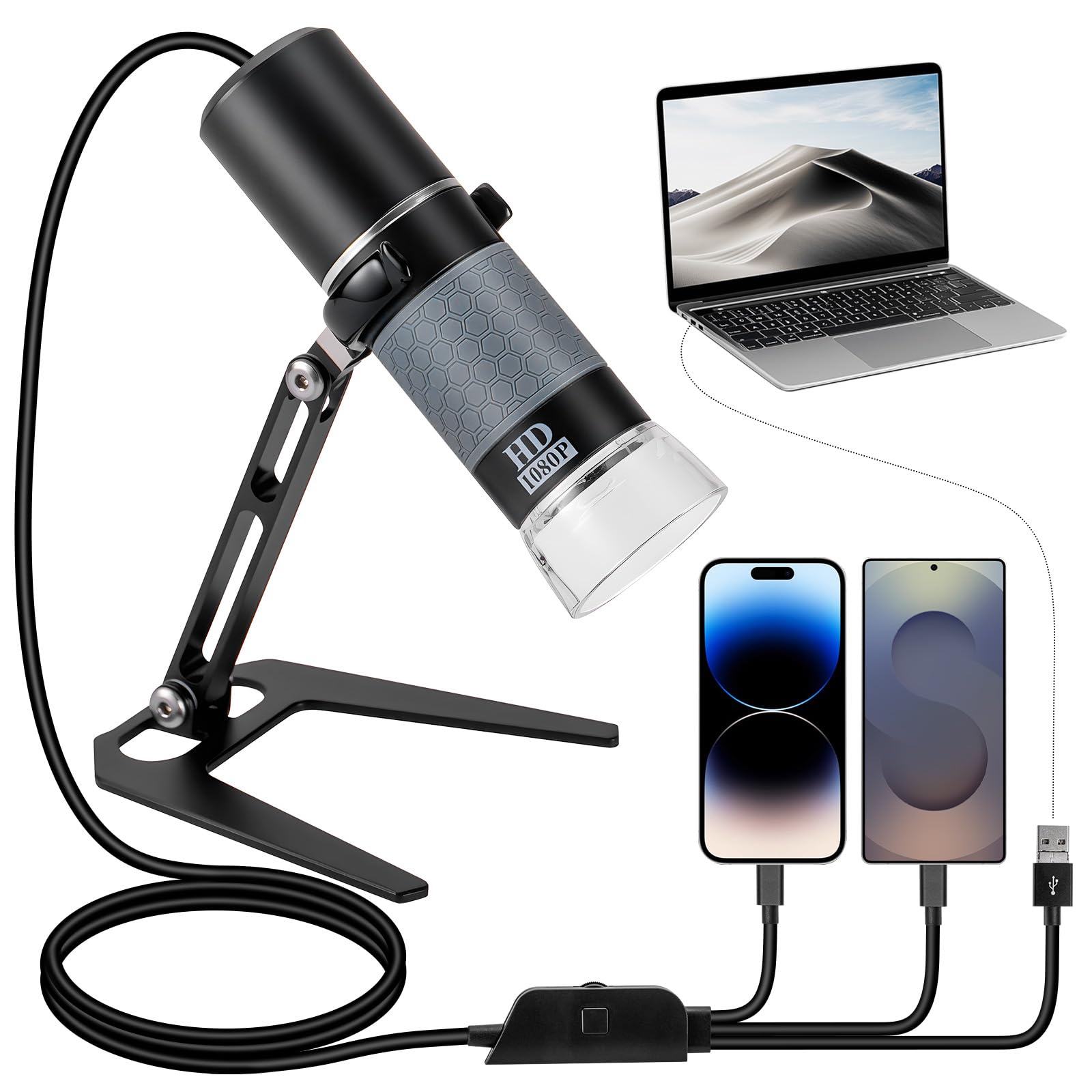 Bysameyee 1080P USB Microscope with Metal Stand, 50X-1000X Handheld Digital Microscope Camera Compatible with iPhone/Android/Win