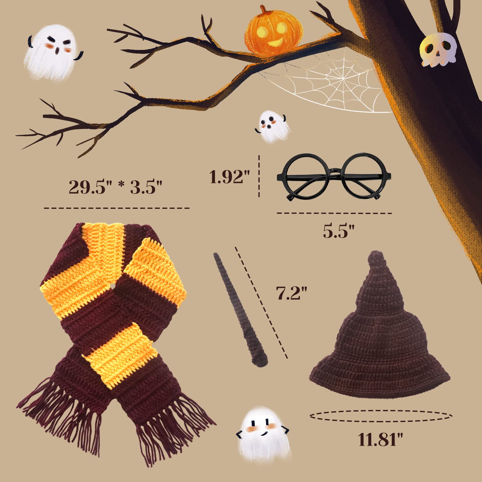 Newborn Photography Props Halloween Wizard Witch Hat Scarf Wand Glasses Frame 4 Pcs Set Crochet Baby Photo Prop Halloween Baby P