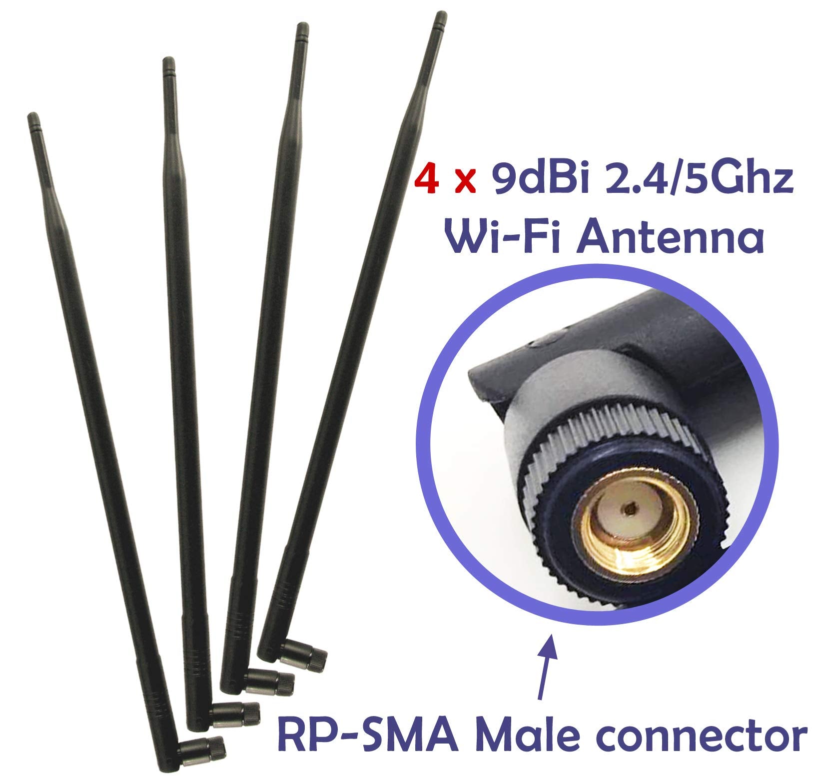 4 Pcs Of Universal 9Dbi Wi Fi 2.4/5Ghz Dual Band Rp Sma Male Antennas Extension For Ip Wireless Security Camera Router And Cctv Hd Wireless Camera System Video Antenna For Nvr Security Ip System