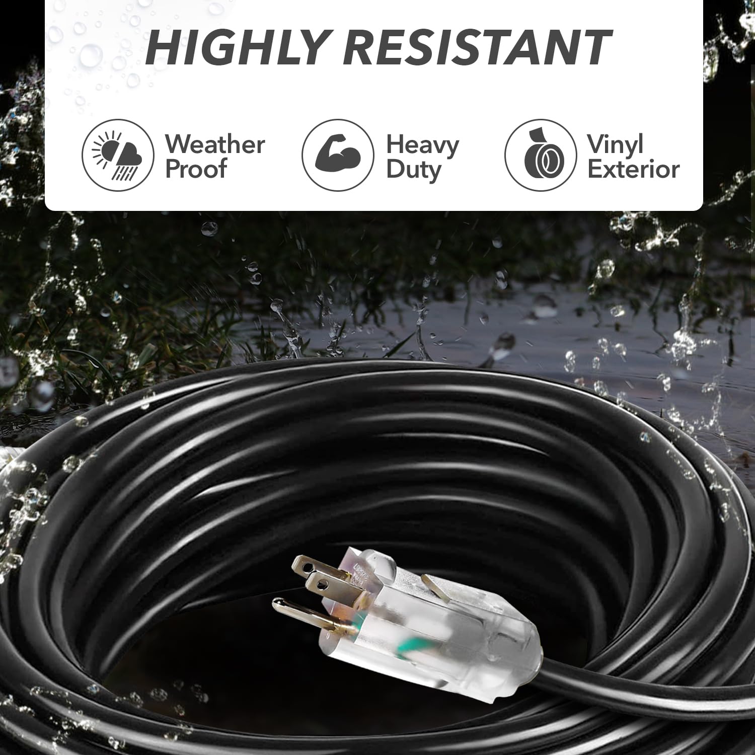 100 Ft Power Extension Cord, Indoor Outdoor, Heavy Duty, 3 Prong Sjtw, 12 Gauge, Lighted End, Extra Durability, 15 Amp 125 Volts