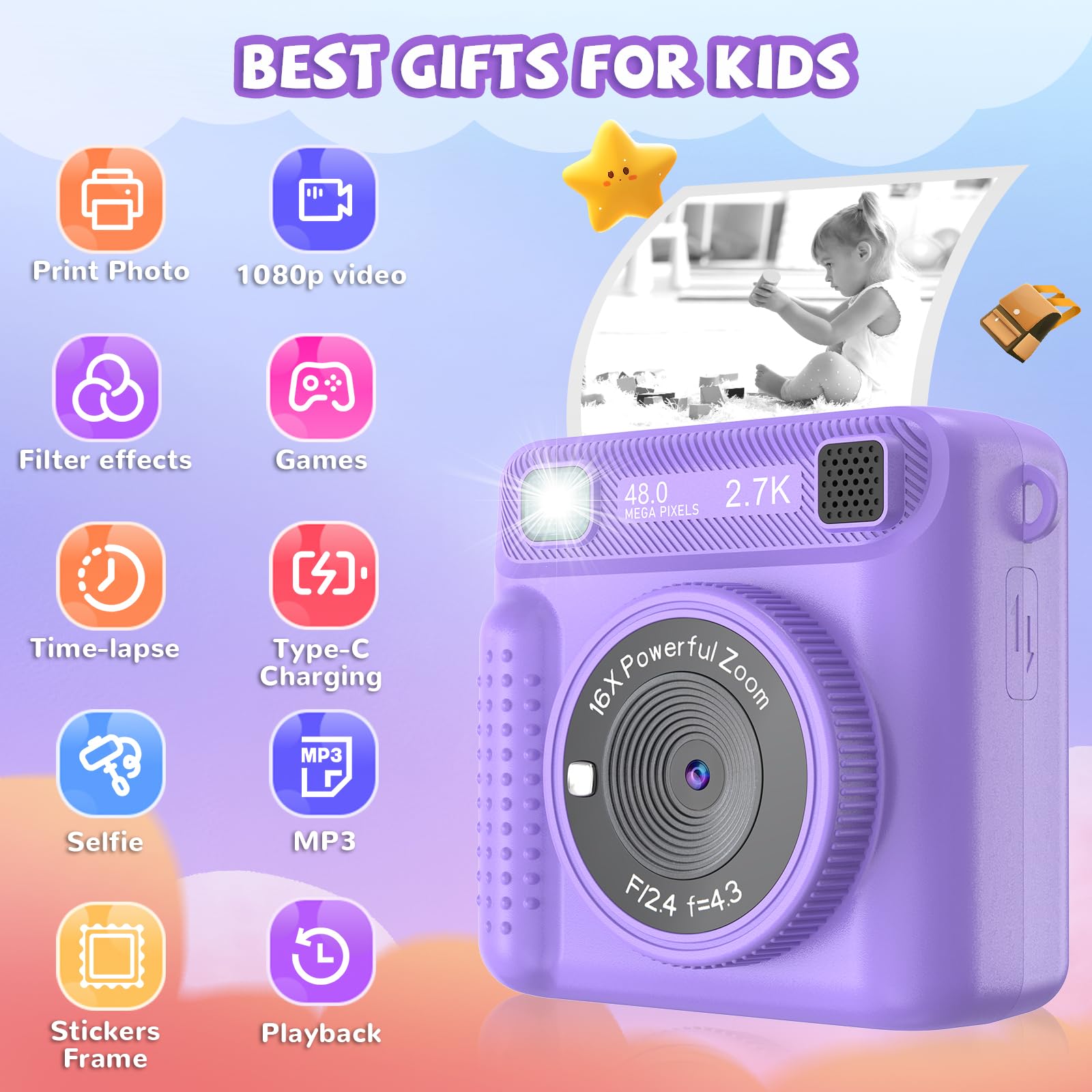 Jpverly Kids Camera Instant Print   Hd Digital Video, 32Gb Sd Card, Portable Toy For Girls & Boys Age 3 12, Christmas Birthday G