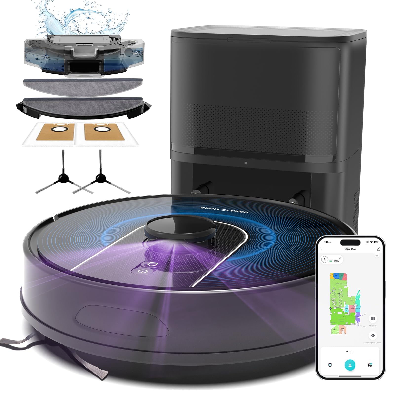 Bagotte Robot Vacuum and Mop Combo,6000Pa Robotic Vacuum Cleaner with LiDAR Navigation,SelfEmptying Station for 90 Days HandsF