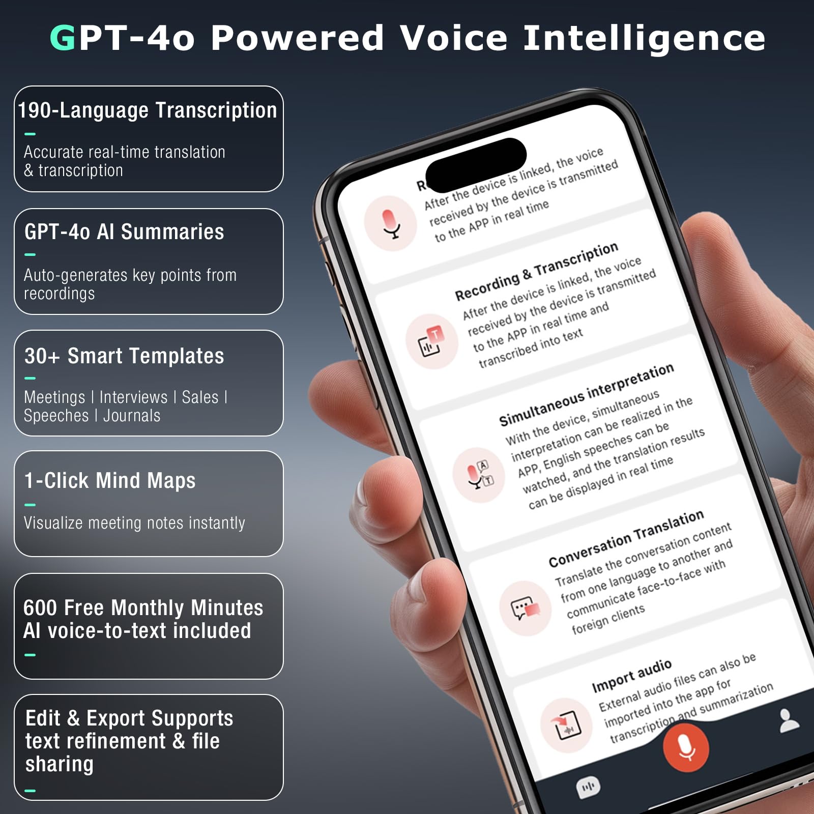 Zeoupt Ai Voice Recorder, Audio Activated Recorder With Playback, App Control, Transcribe & Summarize With Ai Technology, 190 La