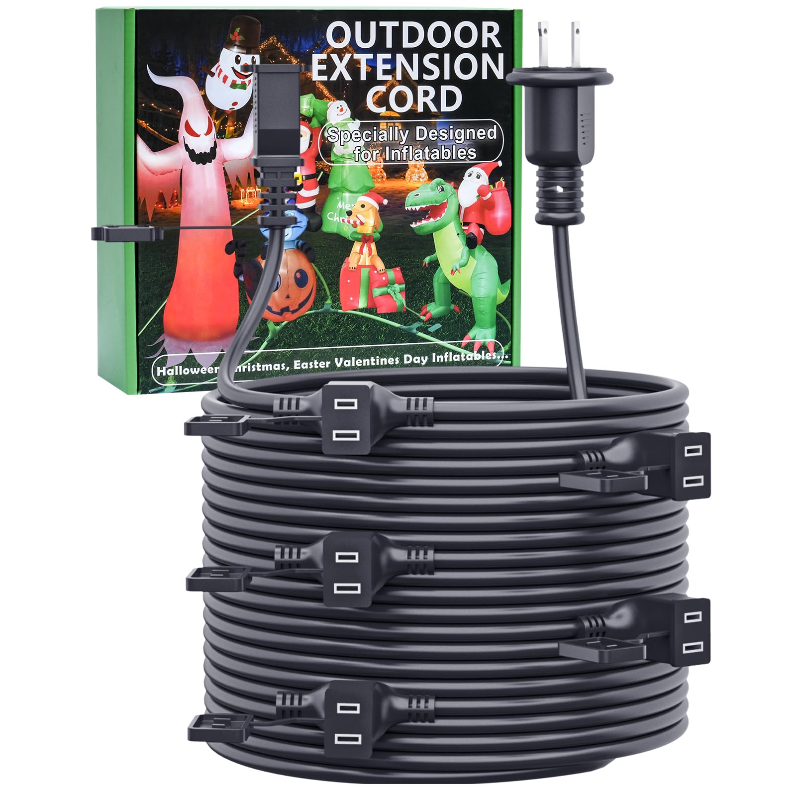50Ft Outdoor Extension Extension Cord For Halloween Christmas Inflatables With Multiple Outlets Black Electrical Cord With Multi