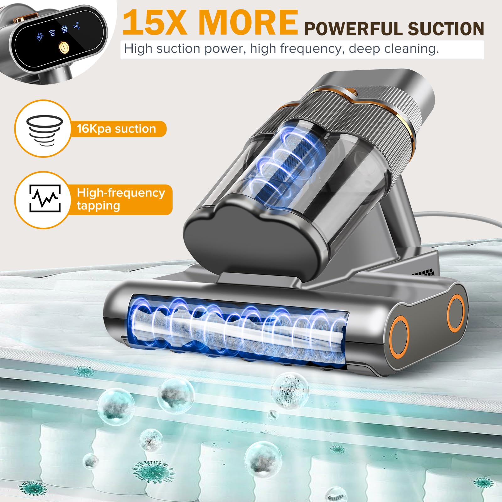Davanpal Powerful Mattress Vacuum Cleaner,Handheld Bed Vacuum With Uv-C Light, 16Kpa Strong Suction, 30000 Rpm Dual Drum Brushes