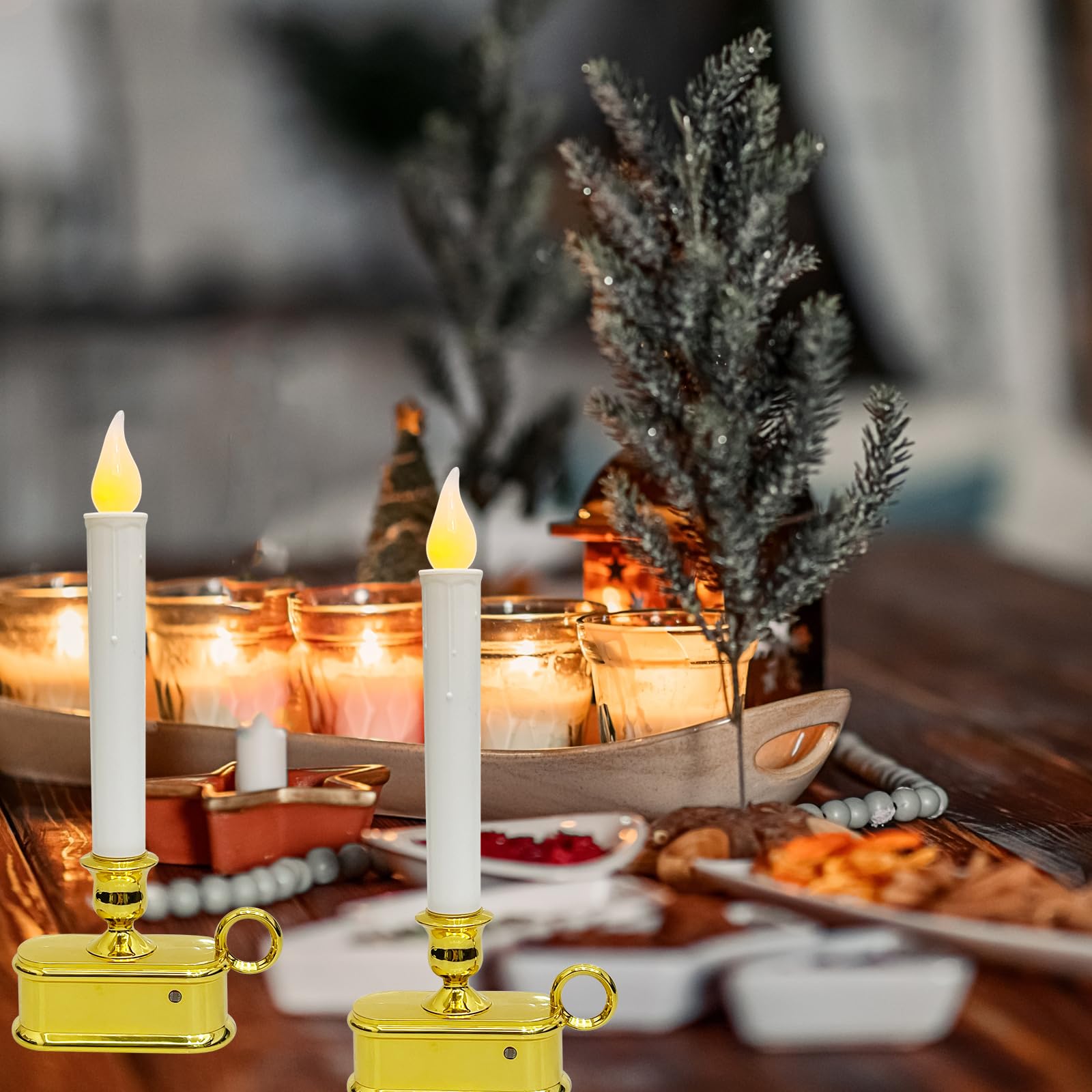 Set Of 4 Battery Operated Led Window Candles, Dusk To Dawn Light Sensor, Flicker Flame Christmas Window Candles With Gold Base,