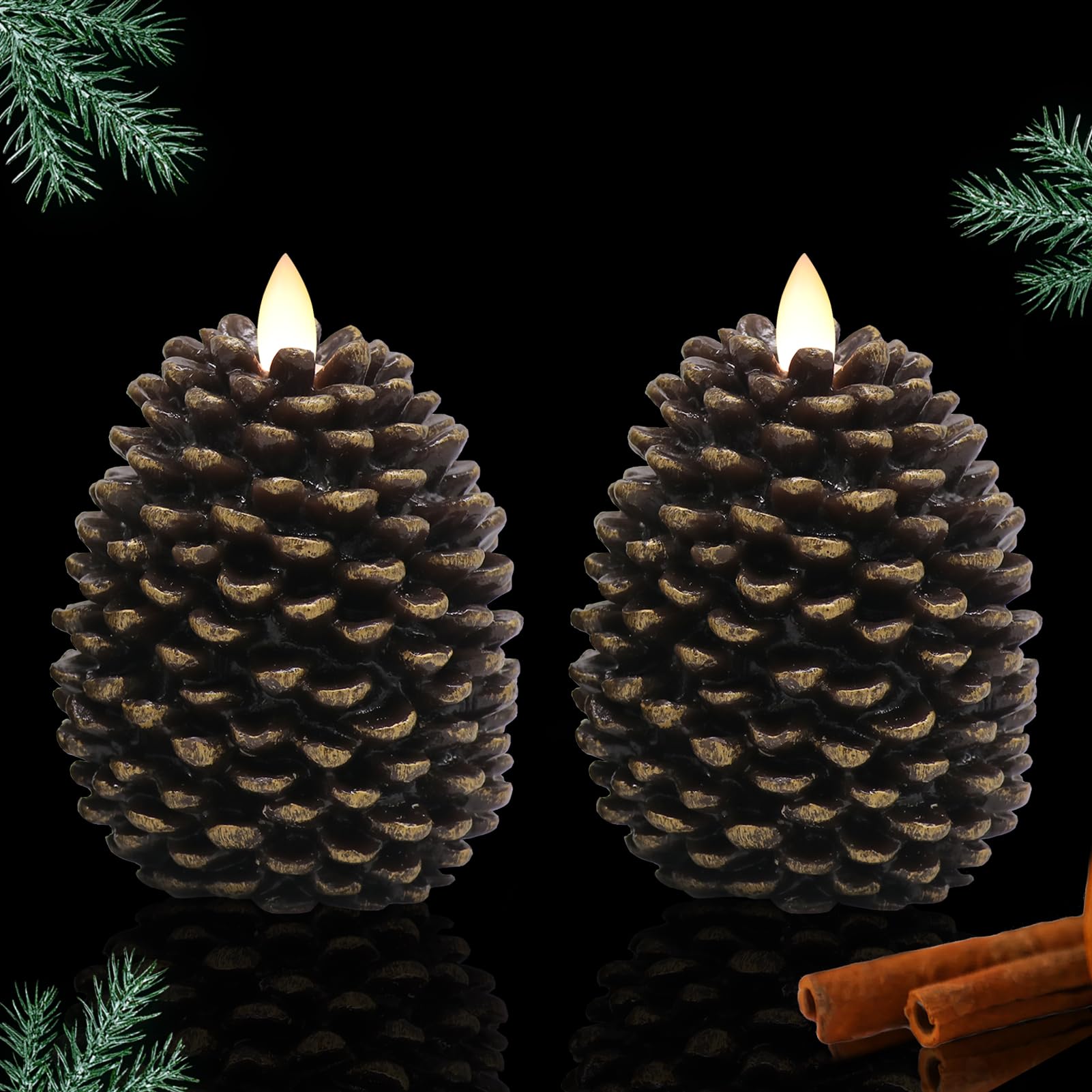 Lasumora Led Flameless Pinecone Candles With 6H Timer, Battery Operated Waxy Pillar Candles, 2 Pack Christmas Candles Flickering