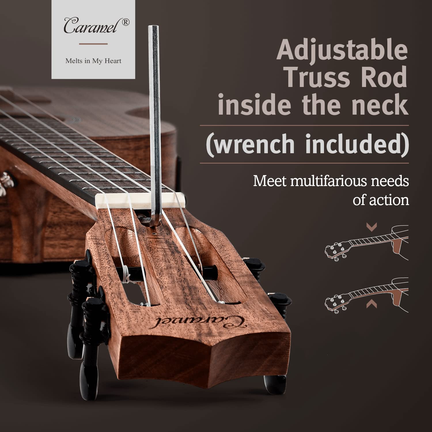 Caramel Cb207 Acacia Baritone Acoustic Electric Ukulele With Truss Rod With Additional Strings, Padded Gig Bag, Strap And Eq Cab