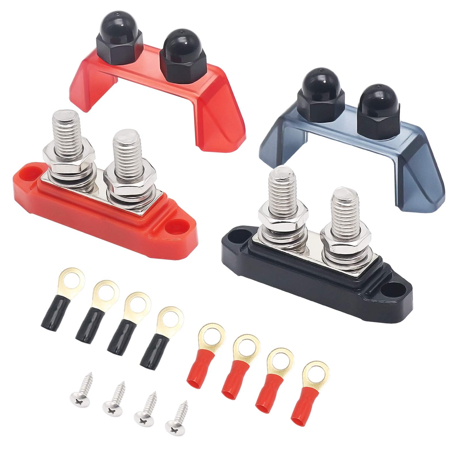 Recoil S2P 38 Busbar Dual 3/8 Studs Terminal Power Distribution Block With Ring Terminals Pair Red & Black